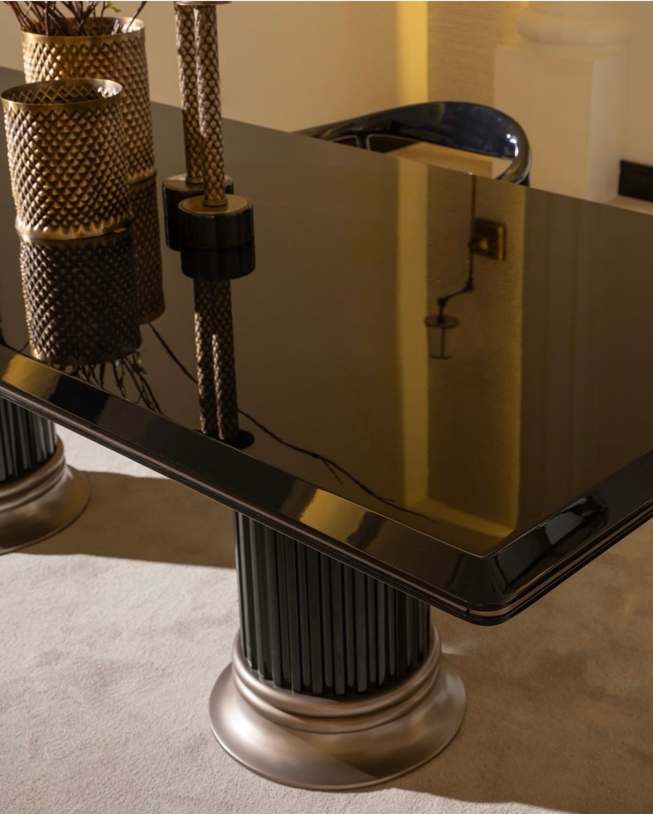 Velvetroom luxury furniture collection featuring elegant sofa seating, modern dining table, illuminated cabinetry, and sculptural pendant lighting.