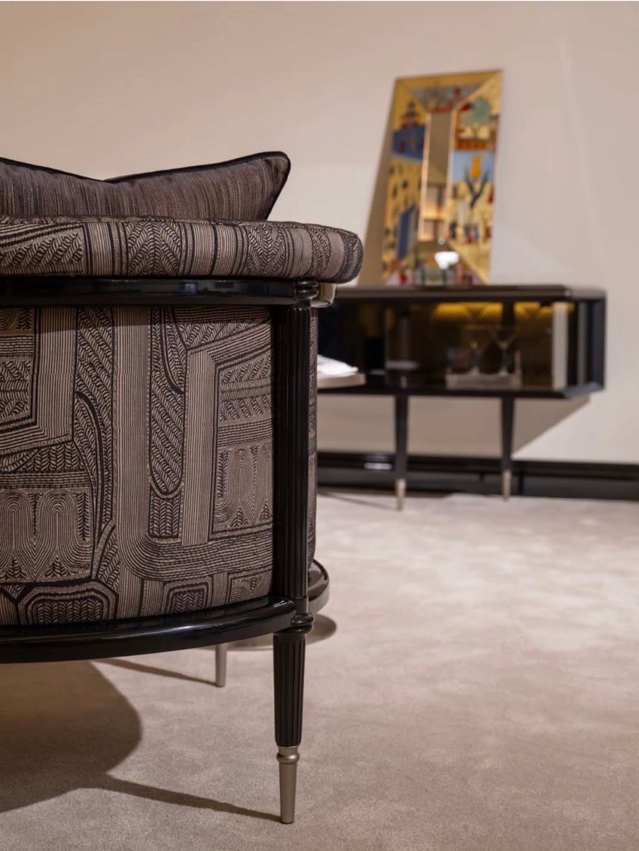 Velvetroom luxury furniture collection featuring elegant sofa seating, modern dining table, illuminated cabinetry, and sculptural pendant lighting.