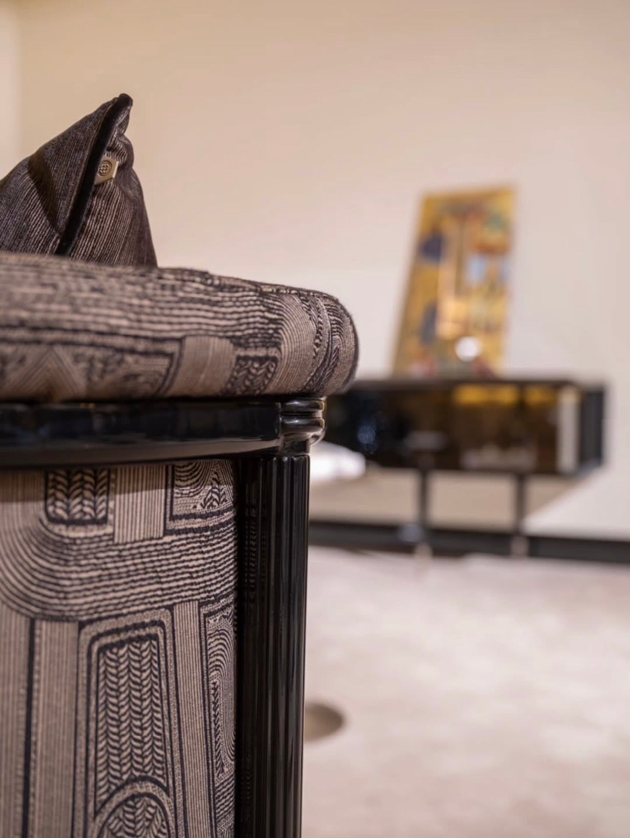 Velvetroom luxury furniture collection featuring elegant sofa seating, modern dining table, illuminated cabinetry, and sculptural pendant lighting.