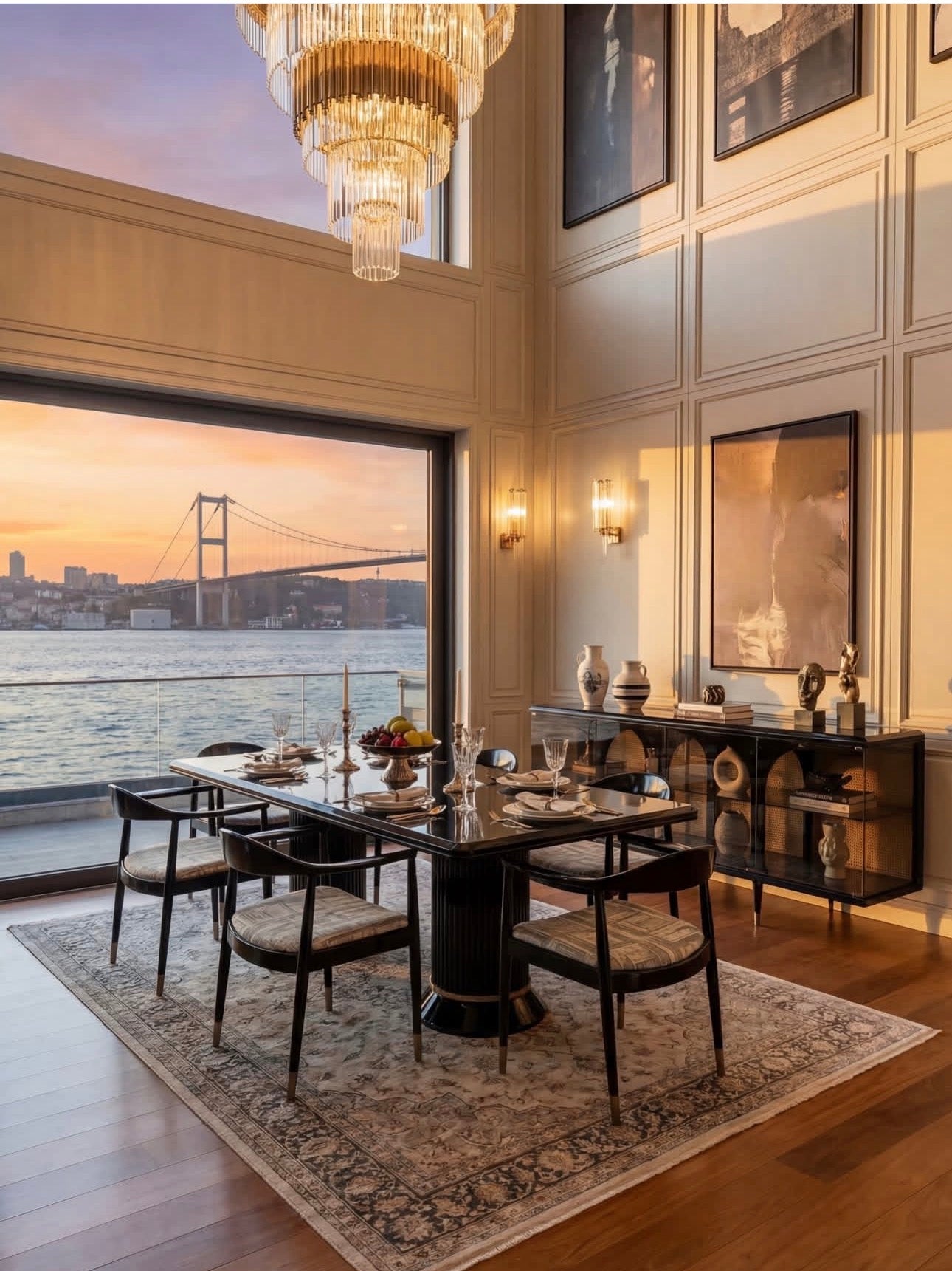 Velvetroom luxury furniture collection featuring elegant sofa seating, modern dining table, illuminated cabinetry, and sculptural pendant lighting.