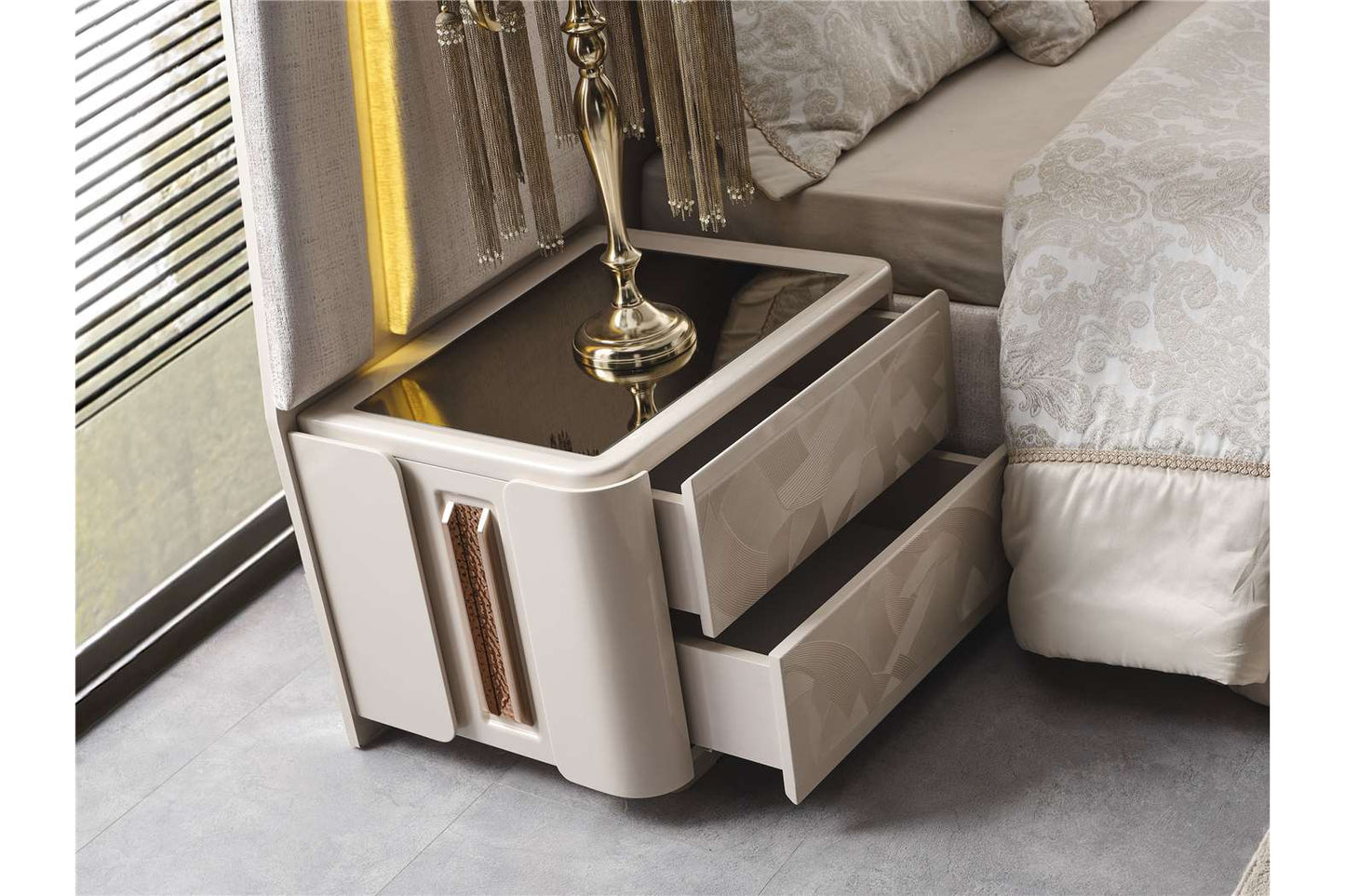 Aureum luxury furniture collection featuring modern neutral living room seating, sculptural dining set, and illuminated contemporary bedroom design.