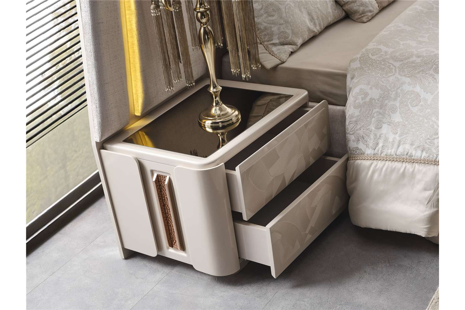 Aureum luxury furniture collection featuring modern neutral living room seating, sculptural dining set, and illuminated contemporary bedroom design.