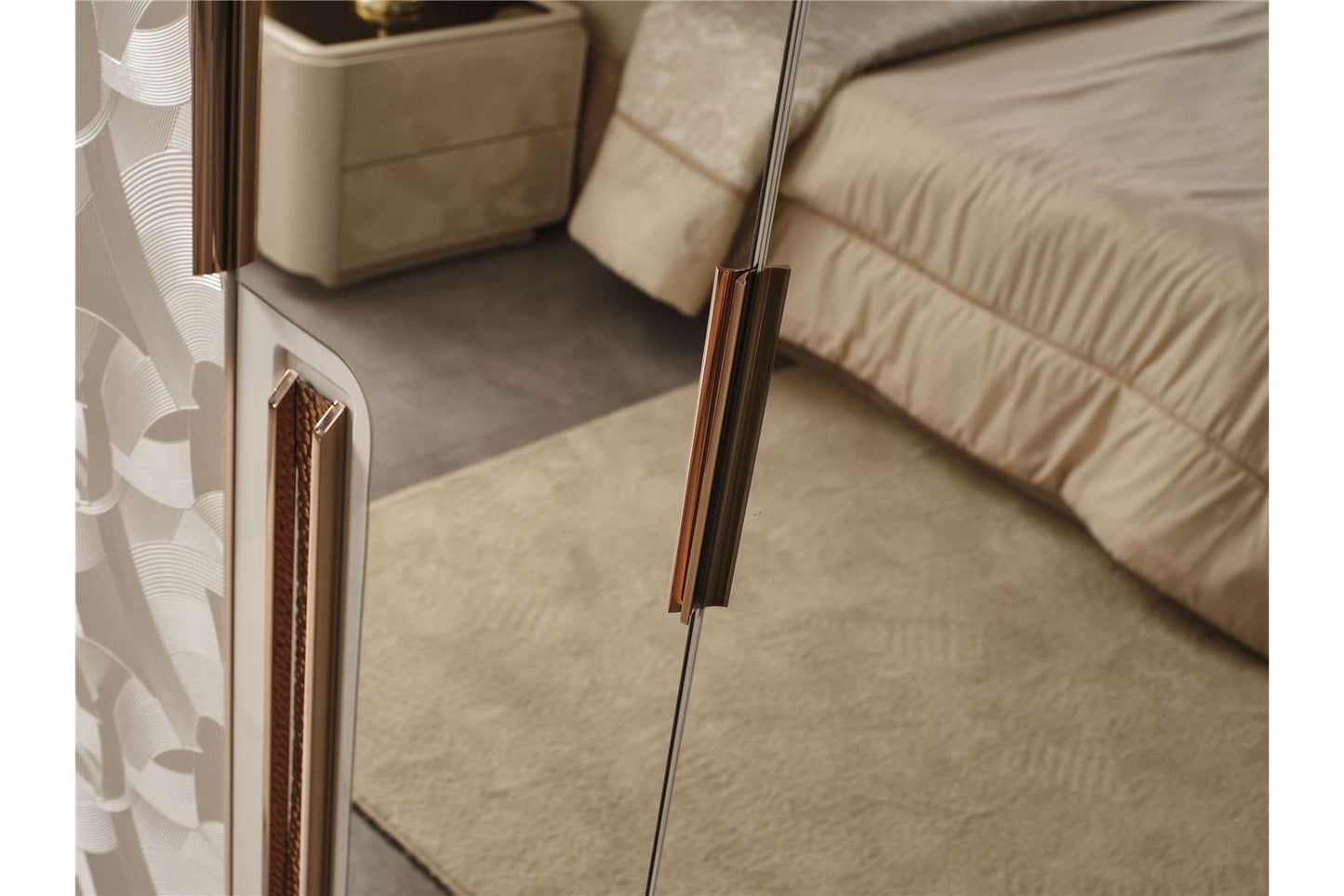 Aureum luxury furniture collection featuring modern neutral living room seating, sculptural dining set, and illuminated contemporary bedroom design.