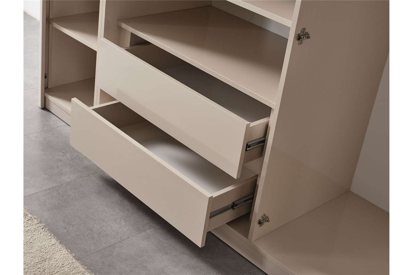 Aureum luxury furniture collection featuring modern neutral living room seating, sculptural dining set, and illuminated contemporary bedroom design.