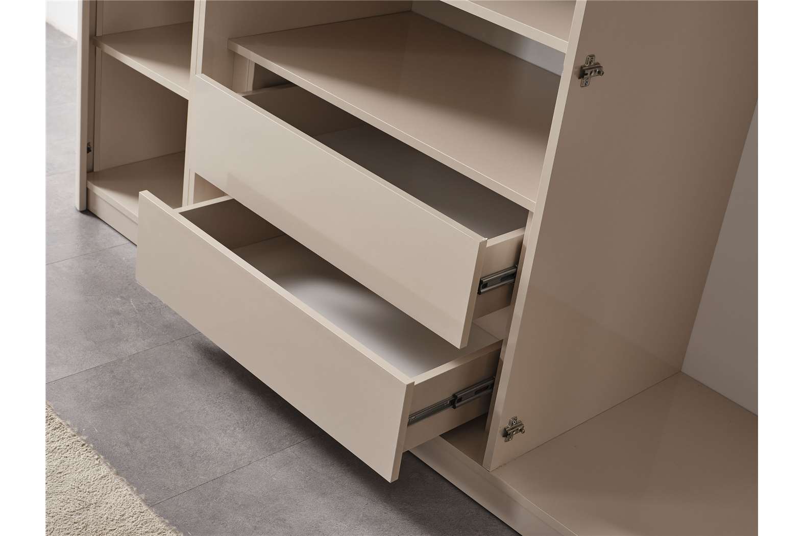 Aureum luxury furniture collection featuring modern neutral living room seating, sculptural dining set, and illuminated contemporary bedroom design.