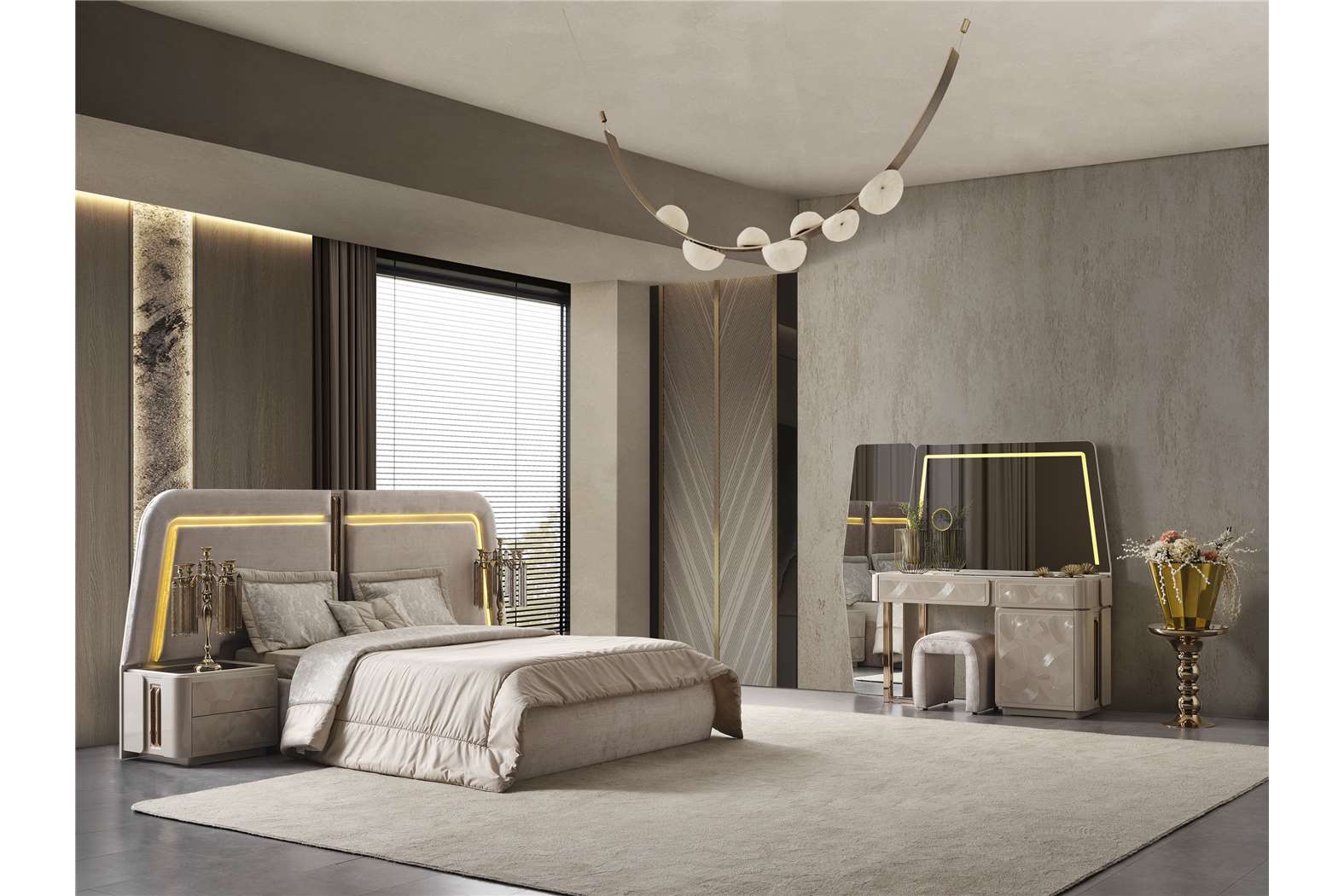 Aureum luxury furniture collection featuring modern neutral living room seating, sculptural dining set, and illuminated contemporary bedroom design.