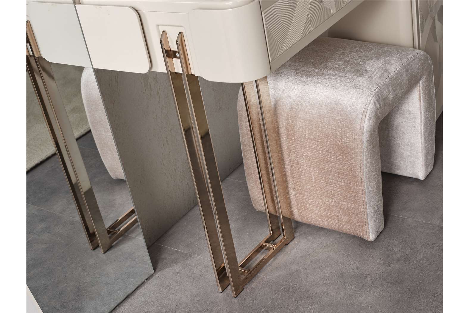 Aureum luxury furniture collection featuring modern neutral living room seating, sculptural dining set, and illuminated contemporary bedroom design.