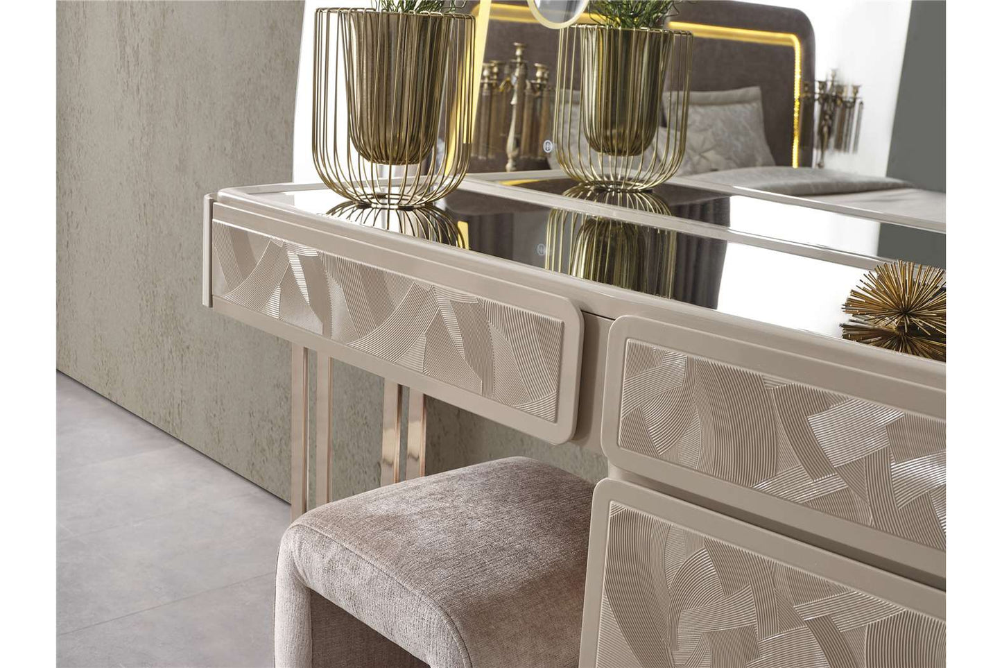 Aureum luxury furniture collection featuring modern neutral living room seating, sculptural dining set, and illuminated contemporary bedroom design.