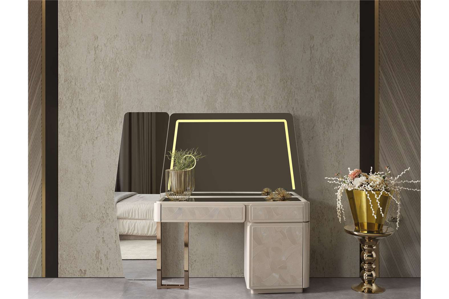 Aureum luxury furniture collection featuring modern neutral living room seating, sculptural dining set, and illuminated contemporary bedroom design.