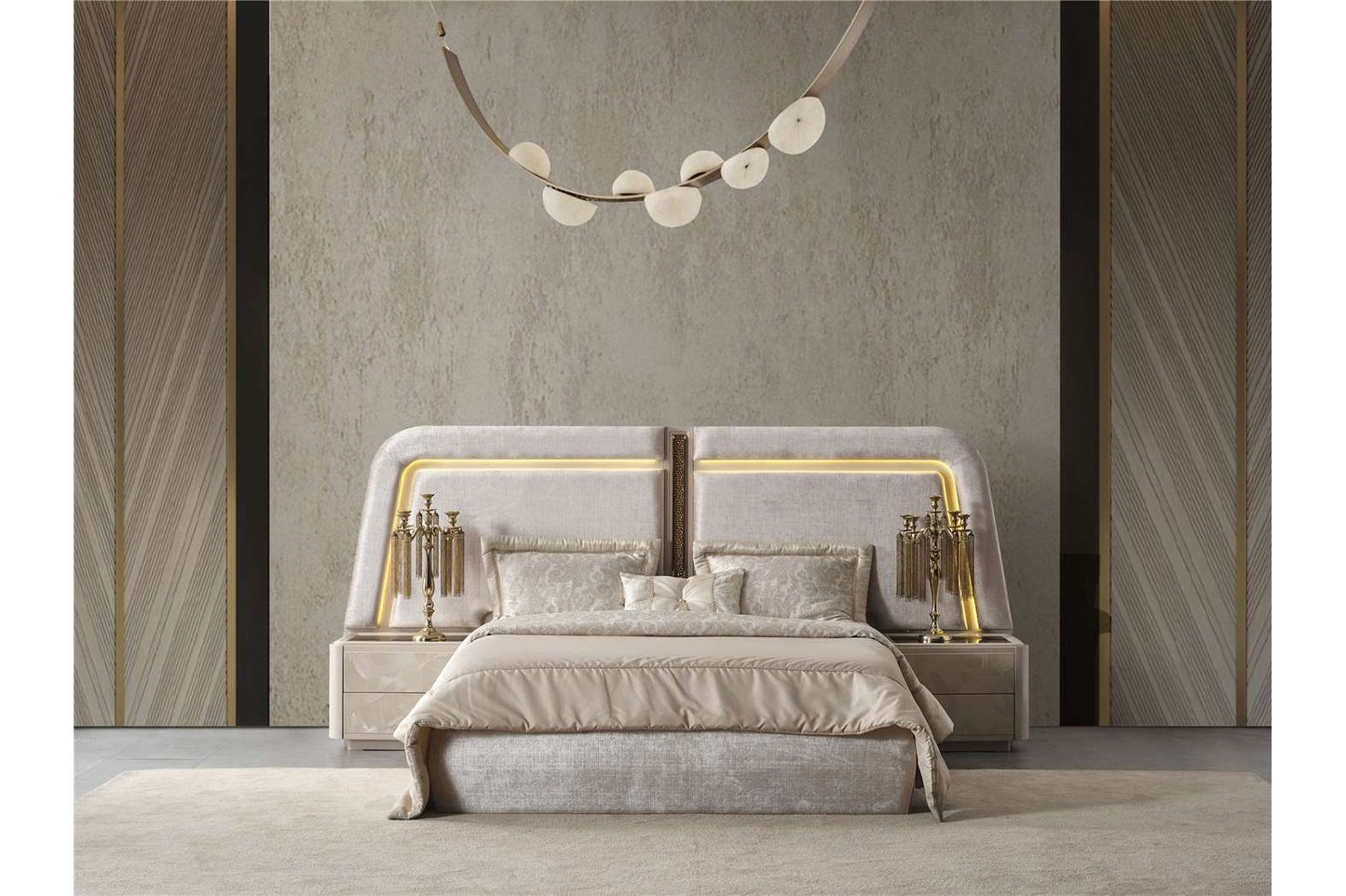 Aureum luxury furniture collection featuring modern neutral living room seating, sculptural dining set, and illuminated contemporary bedroom design.