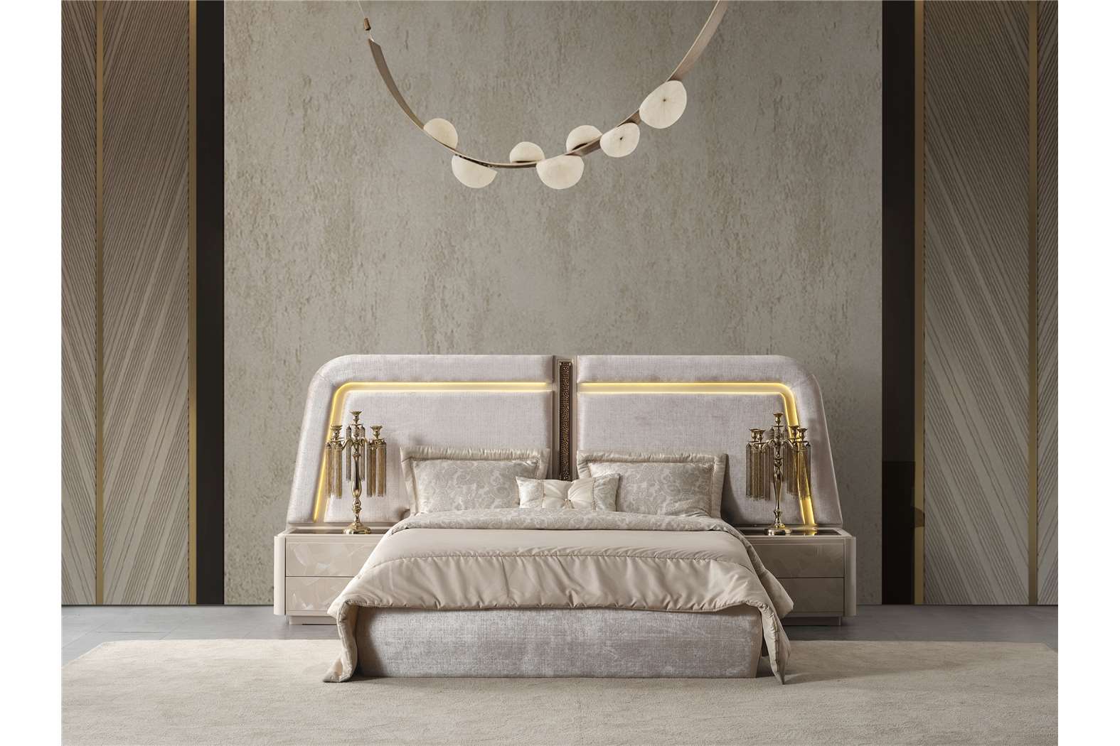 Aureum luxury furniture collection featuring modern neutral living room seating, sculptural dining set, and illuminated contemporary bedroom design.