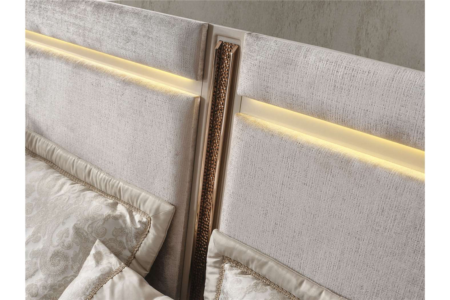 Aureum luxury furniture collection featuring modern neutral living room seating, sculptural dining set, and illuminated contemporary bedroom design.