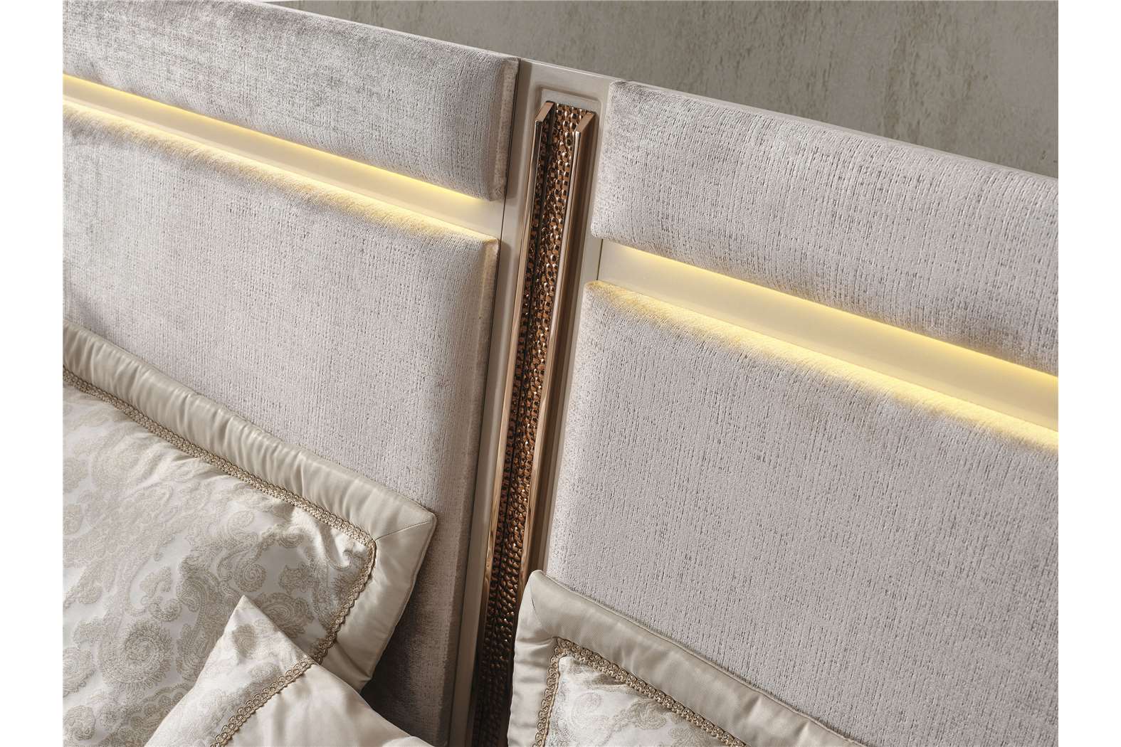 Aureum luxury furniture collection featuring modern neutral living room seating, sculptural dining set, and illuminated contemporary bedroom design.