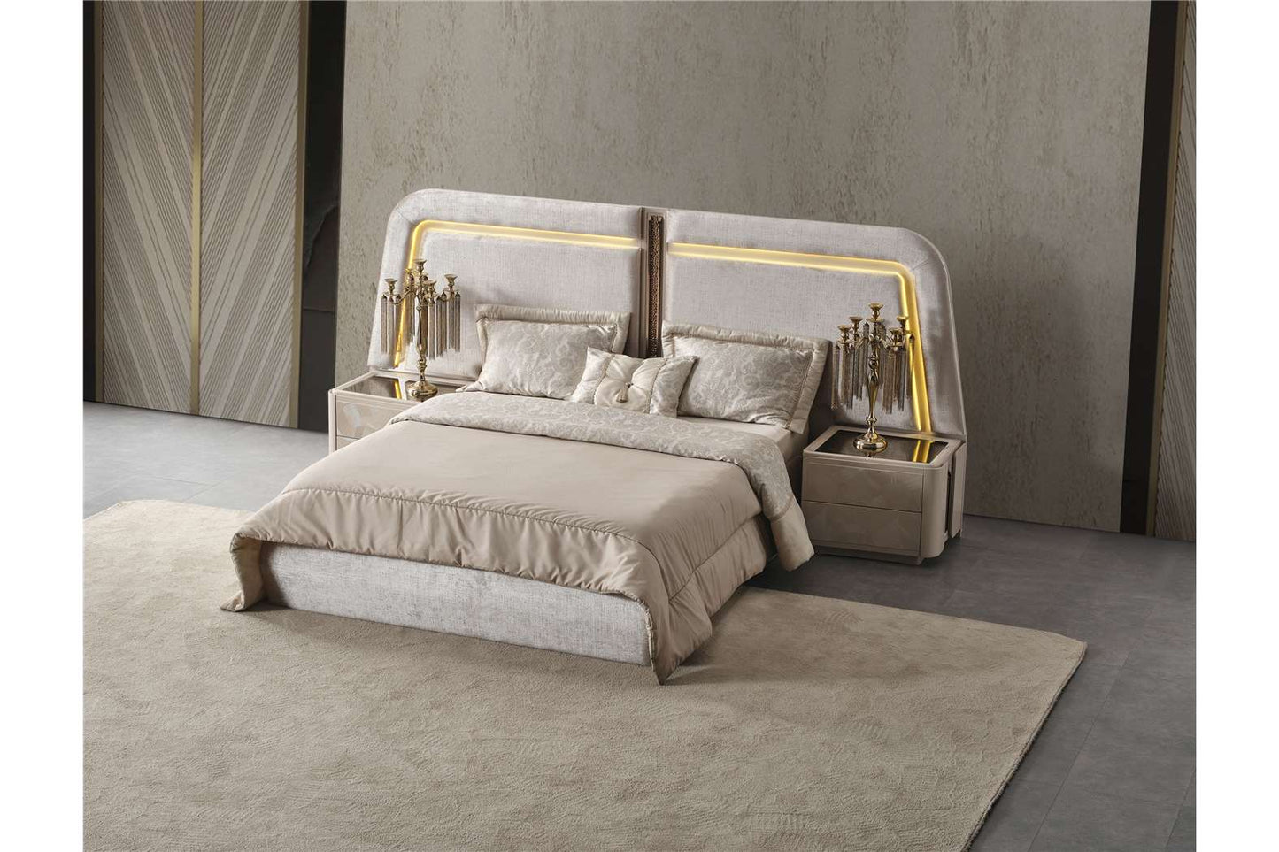 Aureum luxury furniture collection featuring modern neutral living room seating, sculptural dining set, and illuminated contemporary bedroom design.