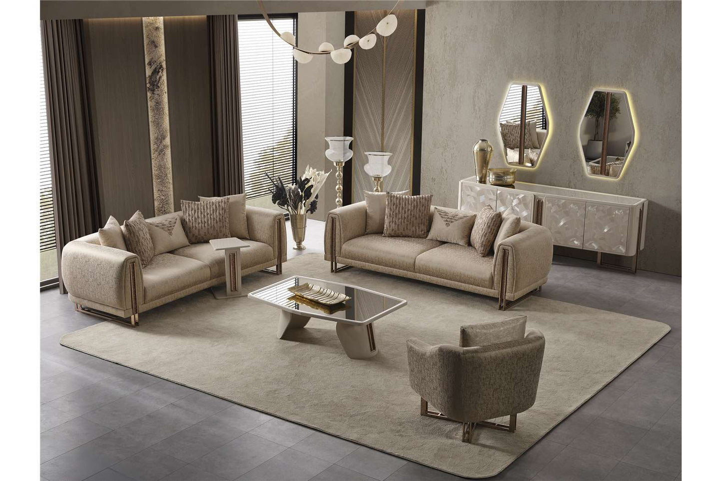 Aureum luxury furniture collection featuring modern neutral living room seating, sculptural dining set, and illuminated contemporary bedroom design.