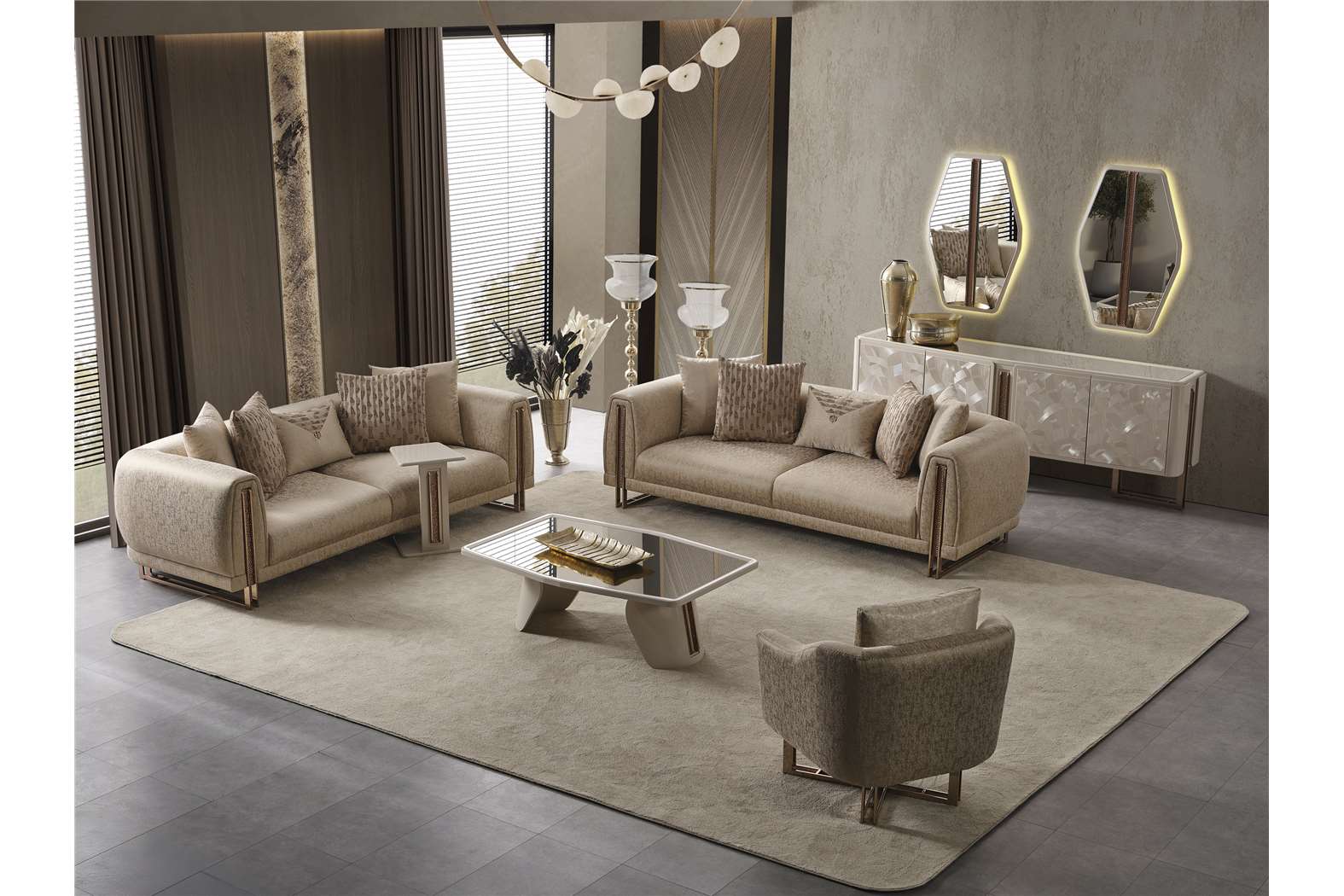 Aureum luxury furniture collection featuring modern neutral living room seating, sculptural dining set, and illuminated contemporary bedroom design.