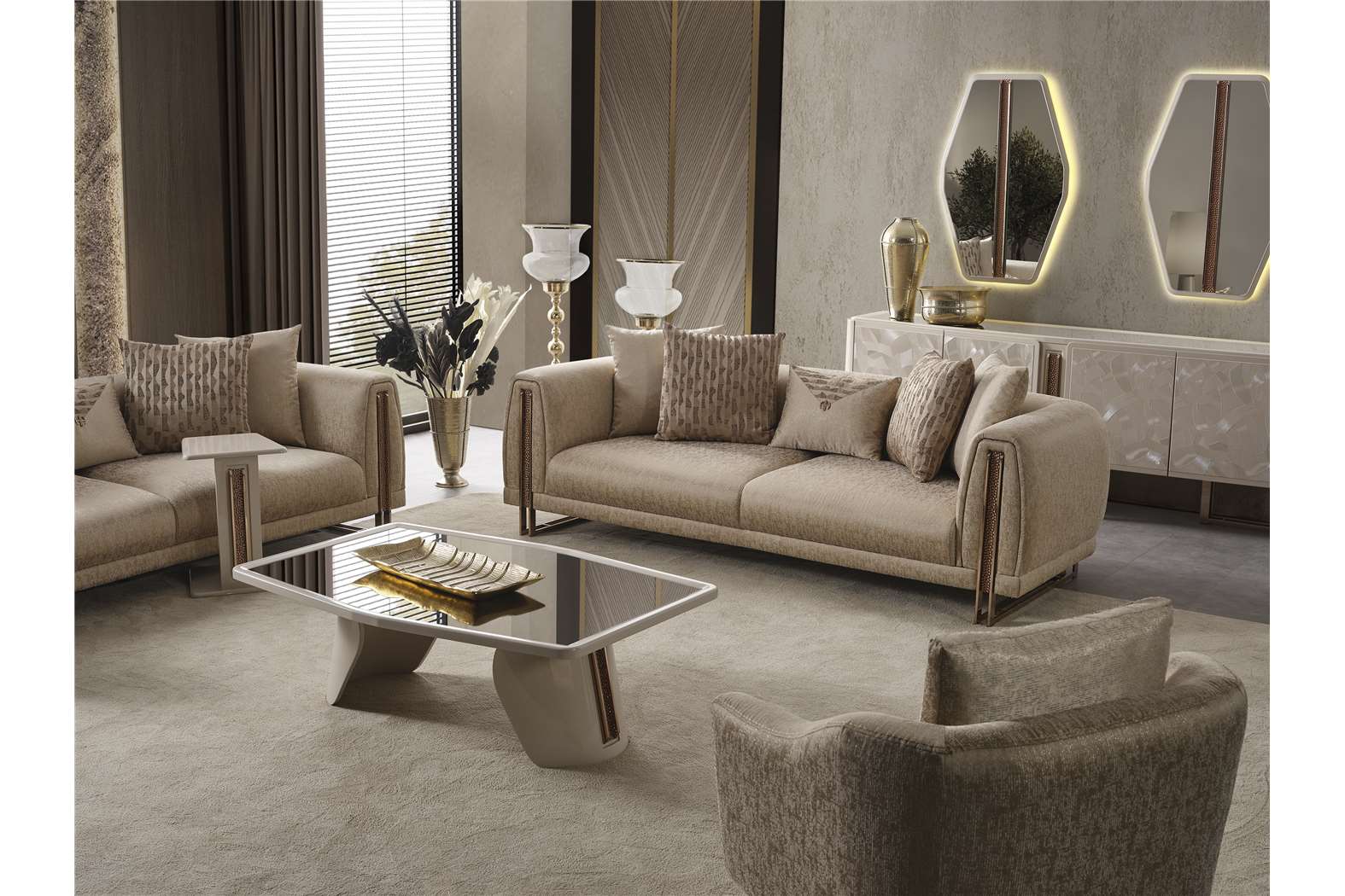 Aureum luxury furniture collection featuring modern neutral living room seating, sculptural dining set, and illuminated contemporary bedroom design.