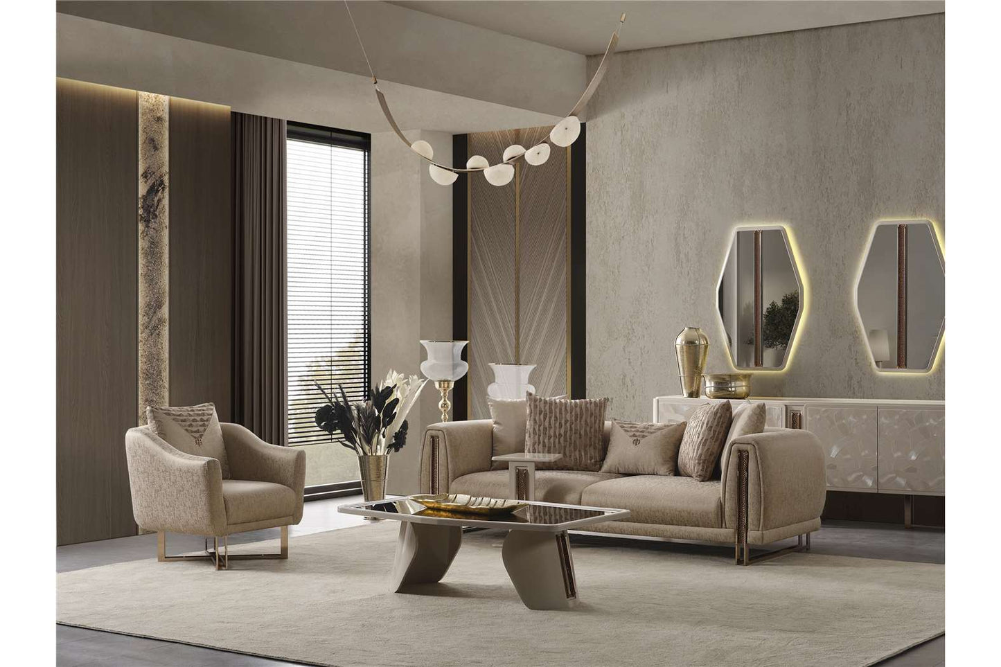 Aureum luxury furniture collection featuring modern neutral living room seating, sculptural dining set, and illuminated contemporary bedroom design.