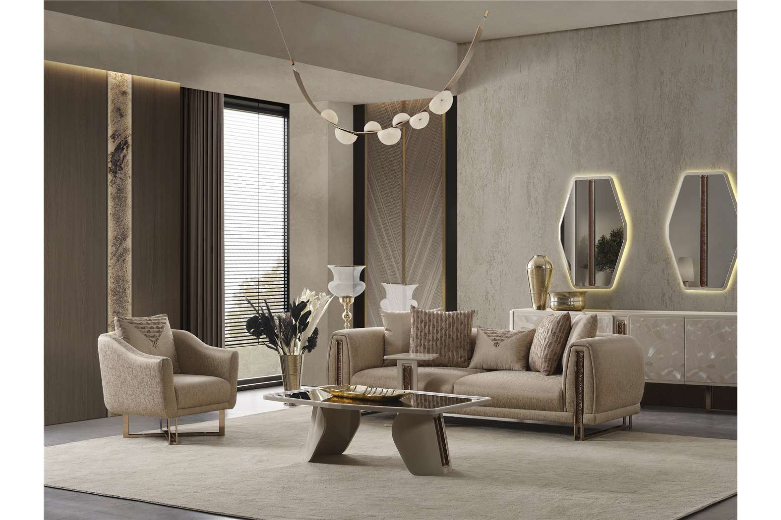 Aureum luxury furniture collection featuring modern neutral living room seating, sculptural dining set, and illuminated contemporary bedroom design.