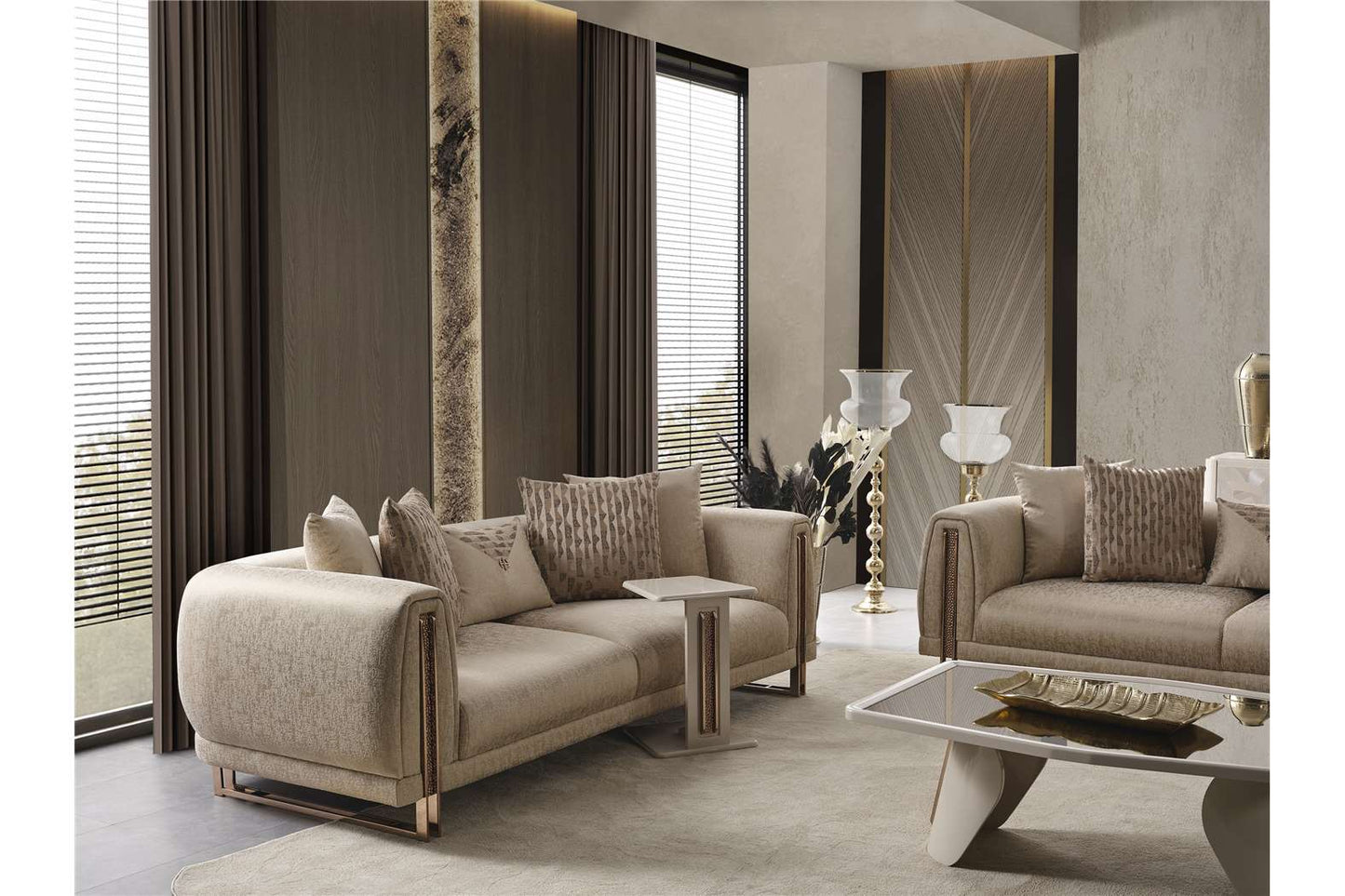 Aureum luxury furniture collection featuring modern neutral living room seating, sculptural dining set, and illuminated contemporary bedroom design.