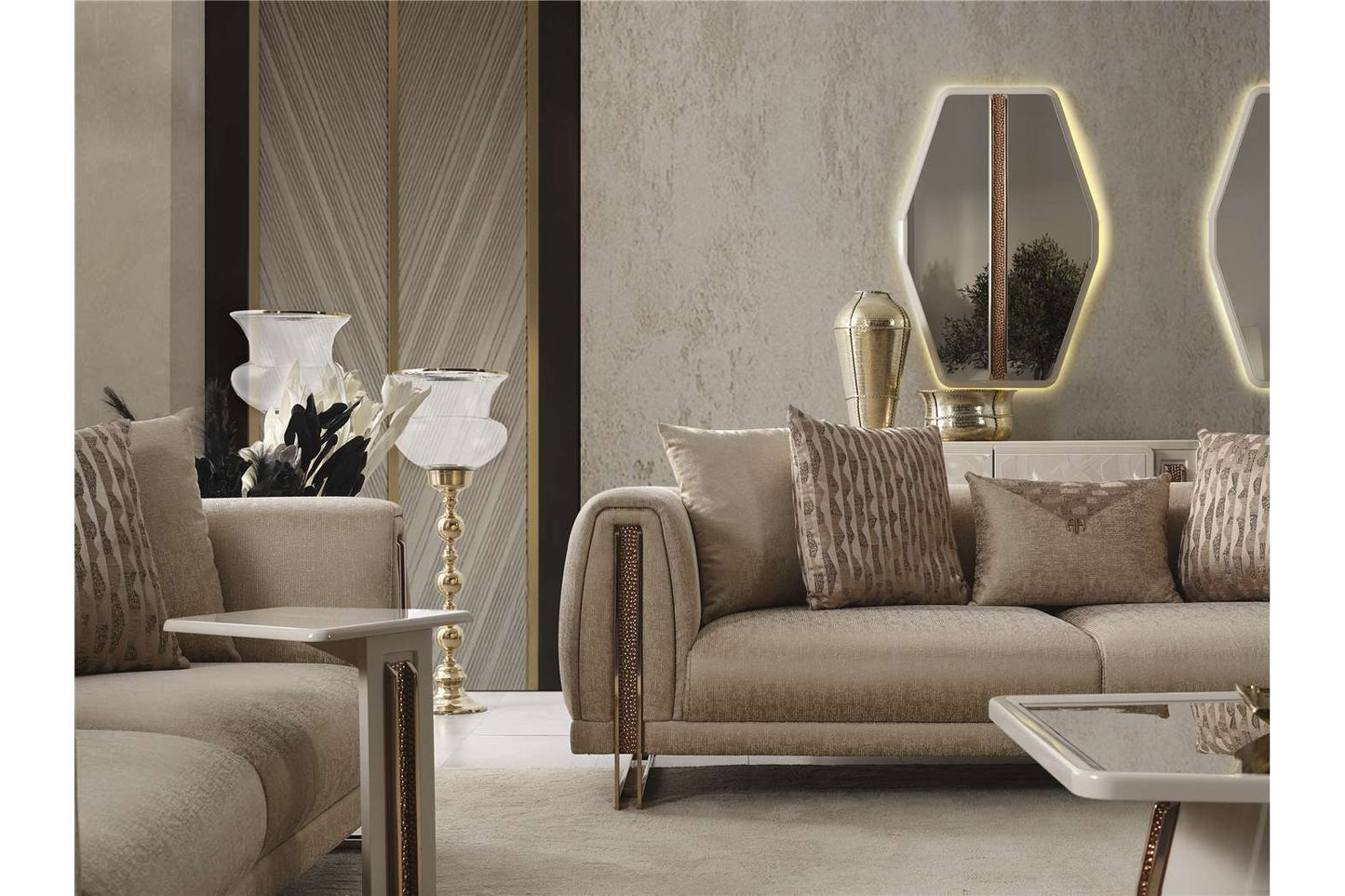 Aureum luxury furniture collection featuring modern neutral living room seating, sculptural dining set, and illuminated contemporary bedroom design.