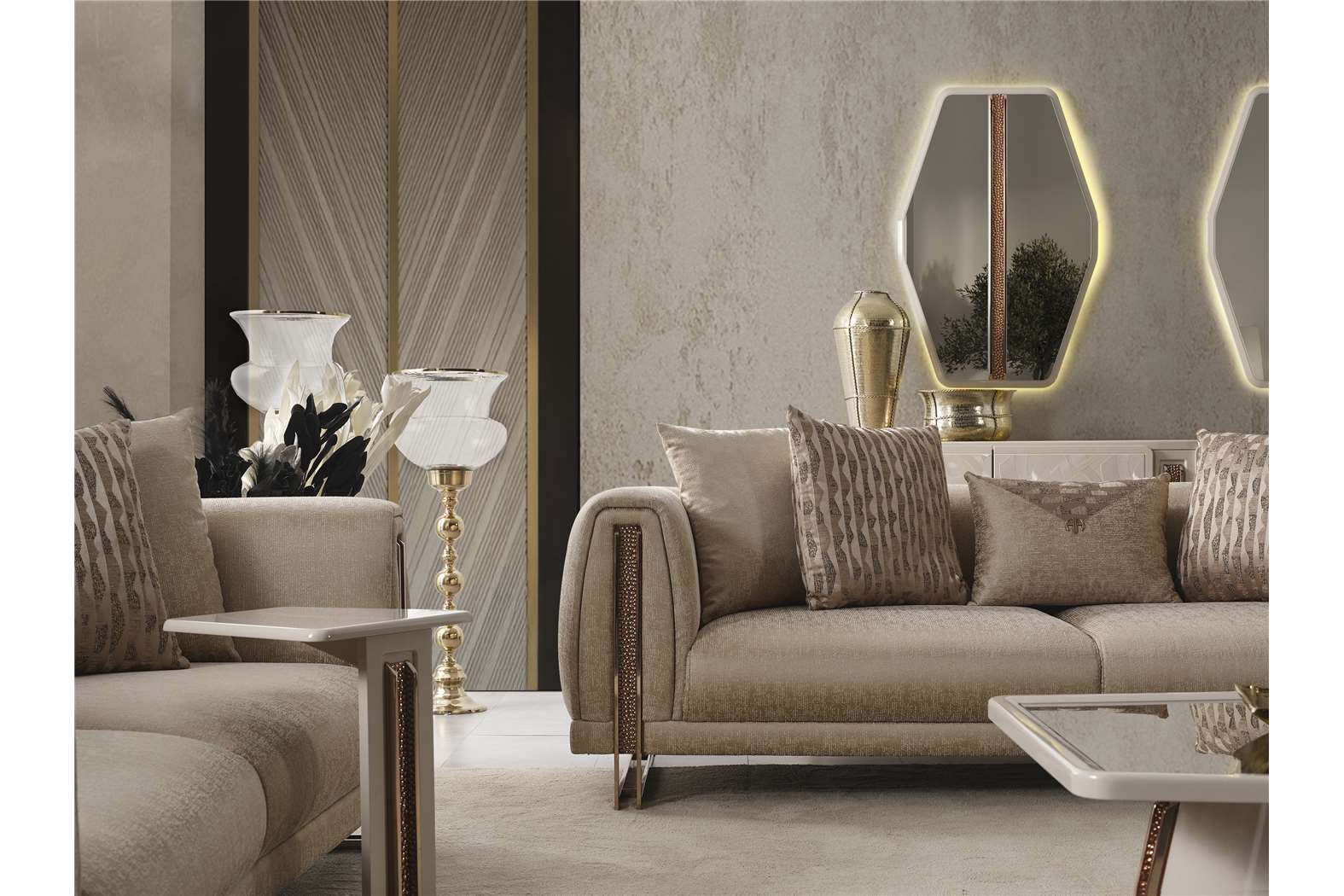 Aureum luxury furniture collection featuring modern neutral living room seating, sculptural dining set, and illuminated contemporary bedroom design.