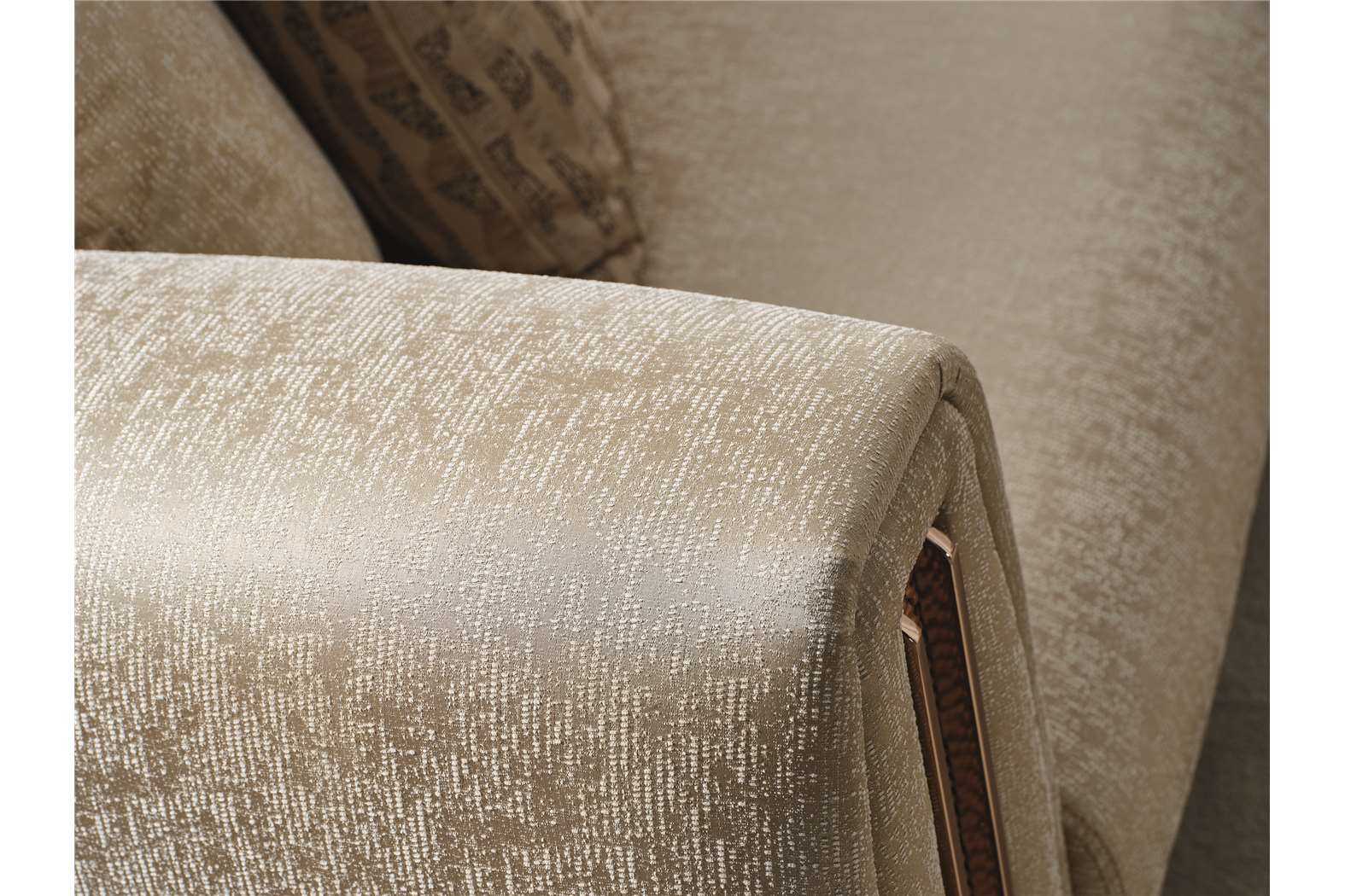 Aureum luxury furniture collection featuring modern neutral living room seating, sculptural dining set, and illuminated contemporary bedroom design.