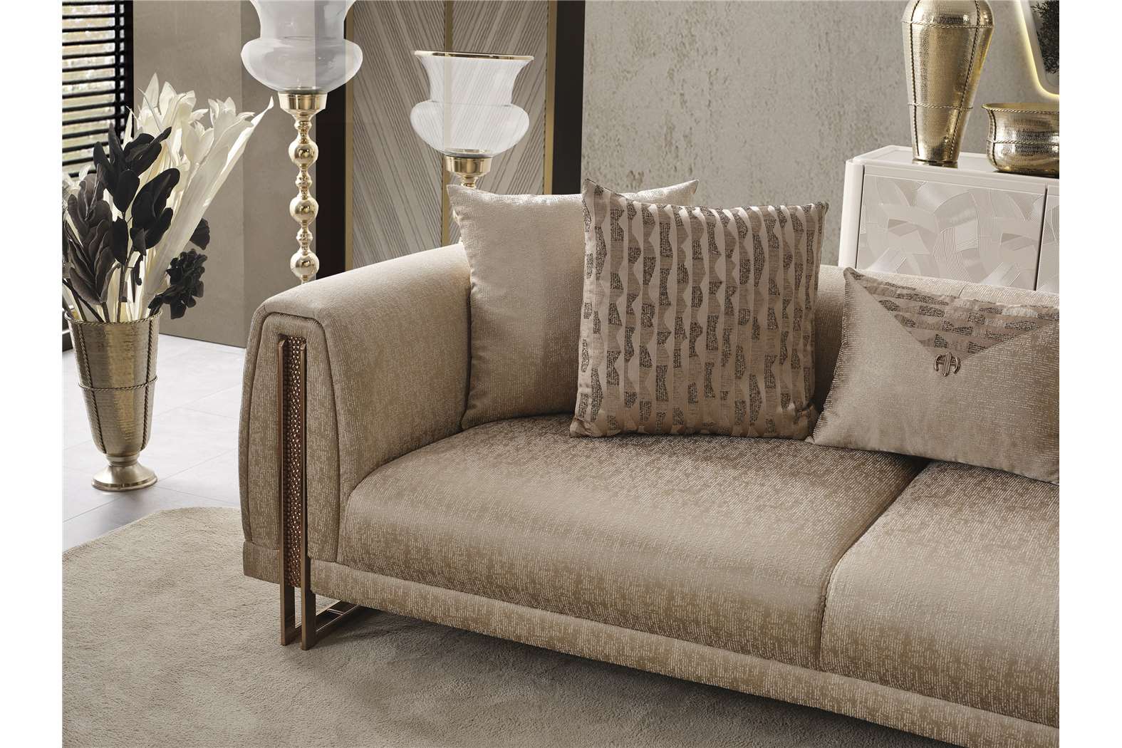 Aureum luxury furniture collection featuring modern neutral living room seating, sculptural dining set, and illuminated contemporary bedroom design.