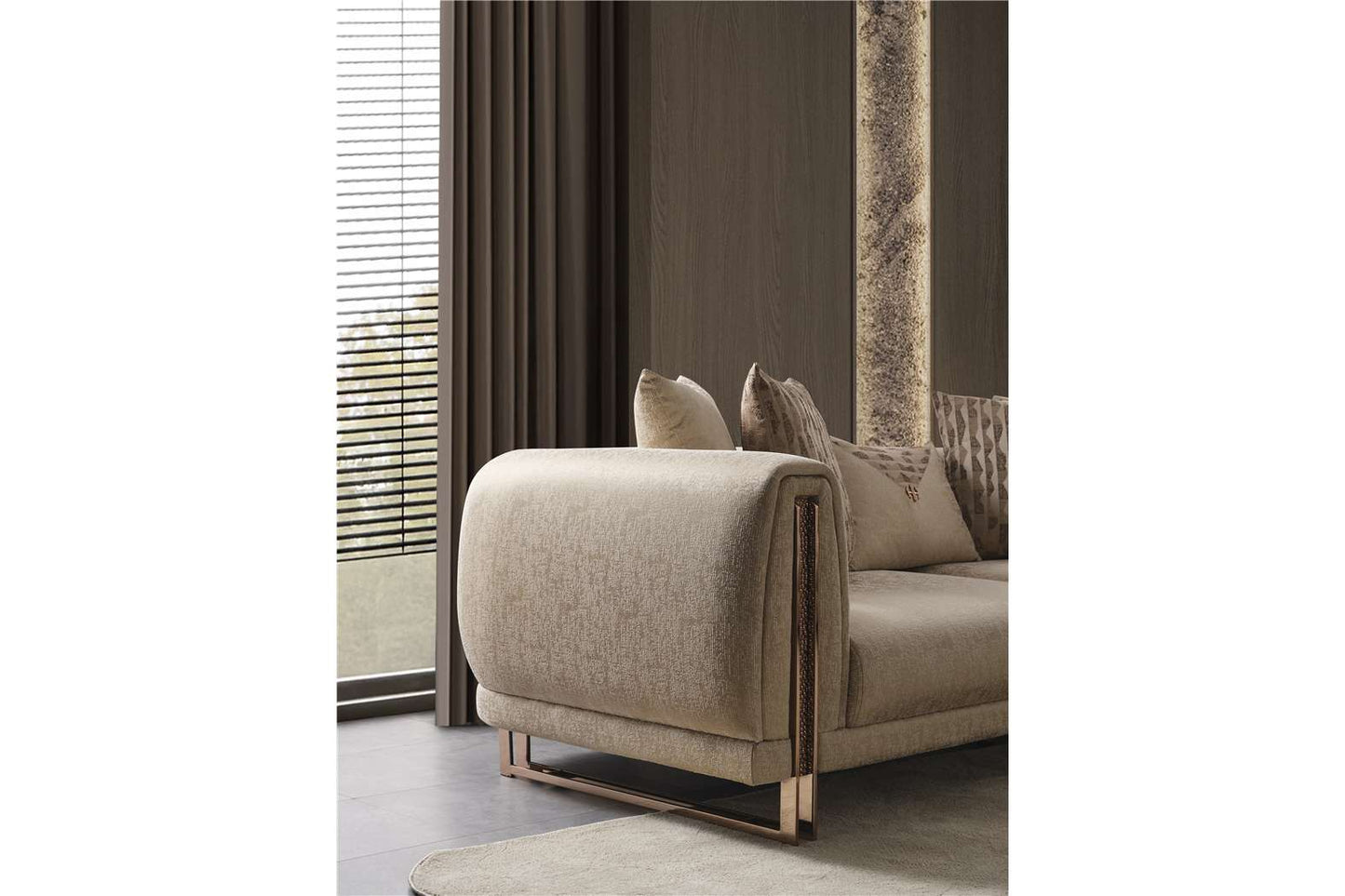 Aureum luxury furniture collection featuring modern neutral living room seating, sculptural dining set, and illuminated contemporary bedroom design.