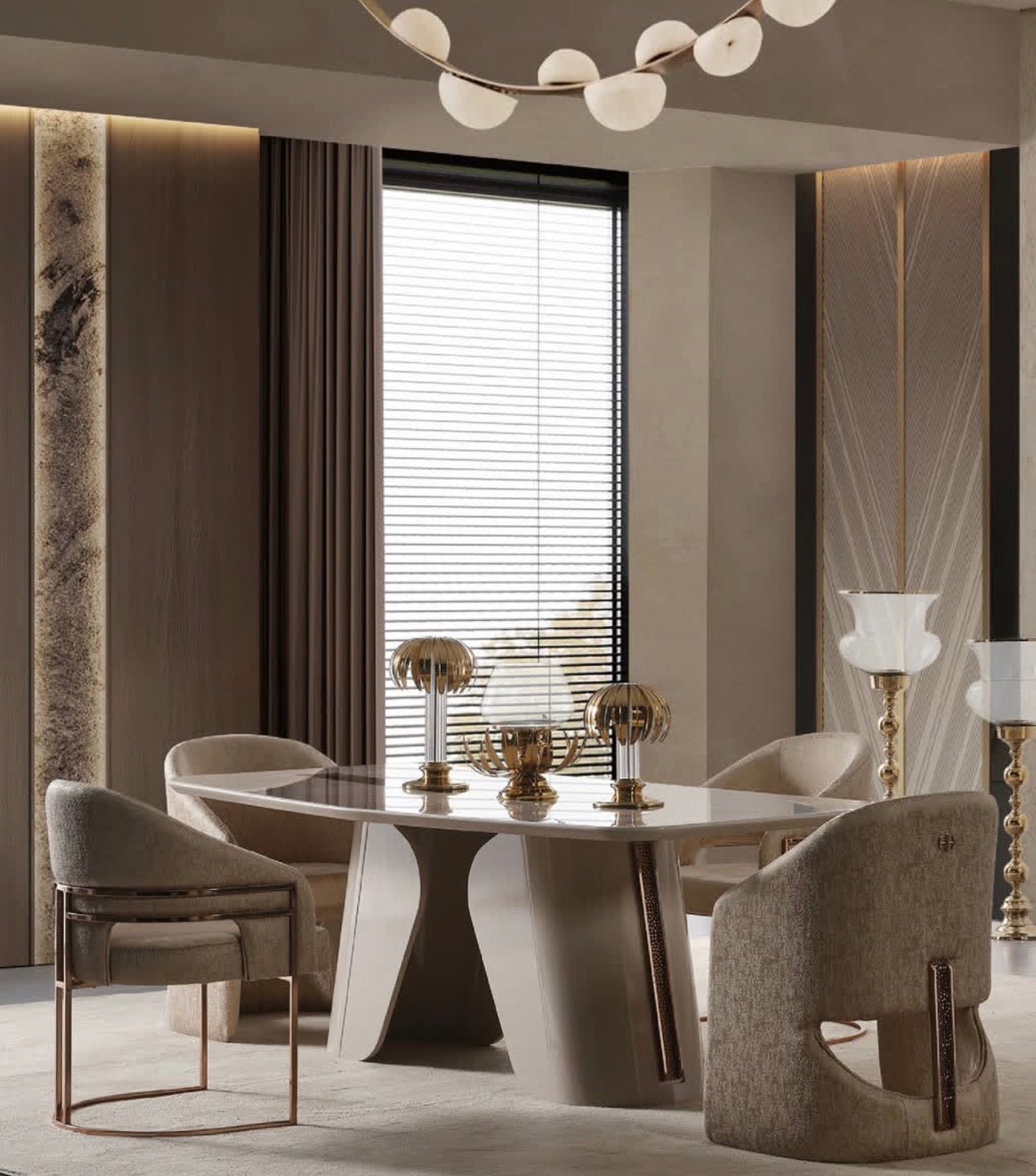 Aureum luxury furniture collection featuring modern neutral living room seating, sculptural dining set, and illuminated contemporary bedroom design.