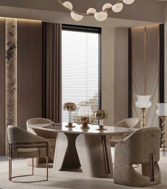 Aureum luxury furniture collection featuring modern neutral living room seating, sculptural dining set, and illuminated contemporary bedroom design.