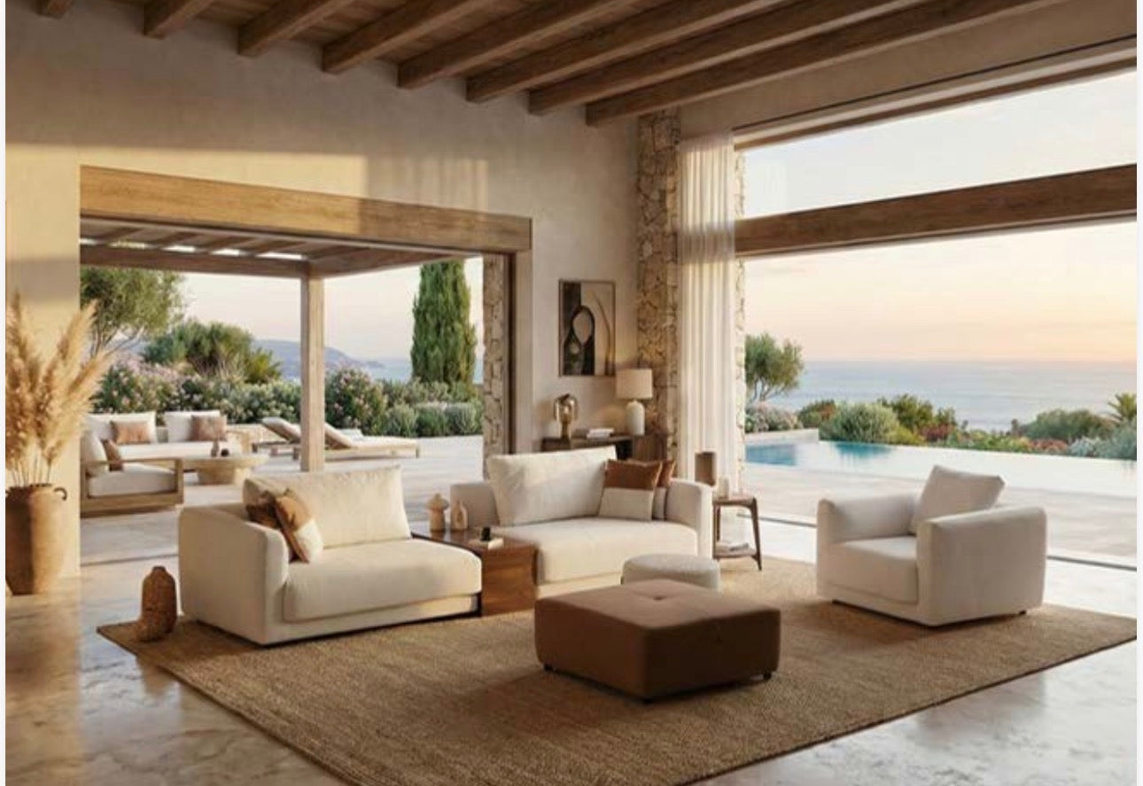 Prelude luxury furniture collection featuring modern sofa seating, elegant dining table with upholstered chairs, and contemporary neutral interior design.