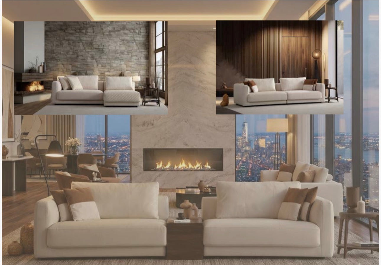 Prelude luxury furniture collection featuring modern sofa seating, elegant dining table with upholstered chairs, and contemporary neutral interior design.