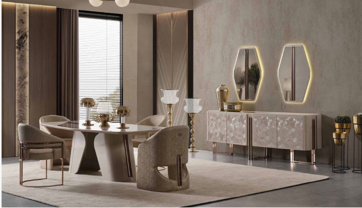 Aureum luxury furniture collection featuring modern neutral living room seating, sculptural dining set, and illuminated contemporary bedroom design.