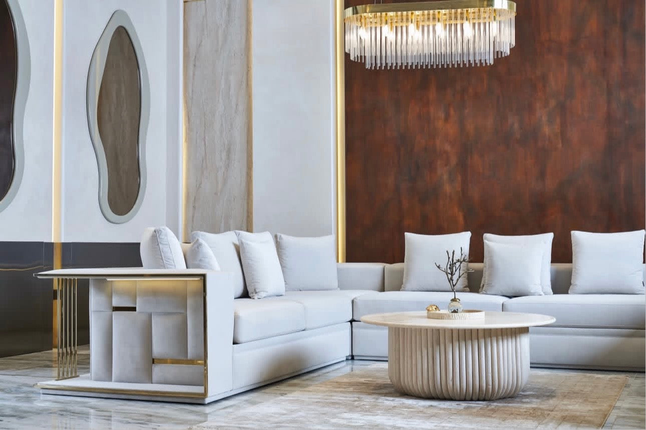 Rhythm luxury furniture collection featuring modular sofa, black dining table, gold detailed sideboard, and geometric modern design.