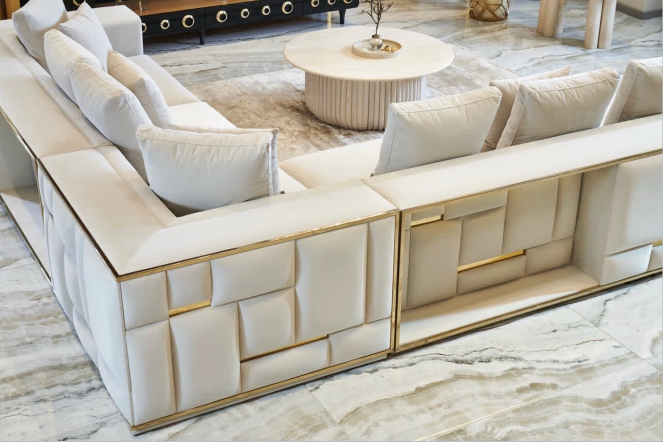 Rhythm luxury furniture collection featuring modular sofa, black dining table, gold detailed sideboard, and geometric modern design.