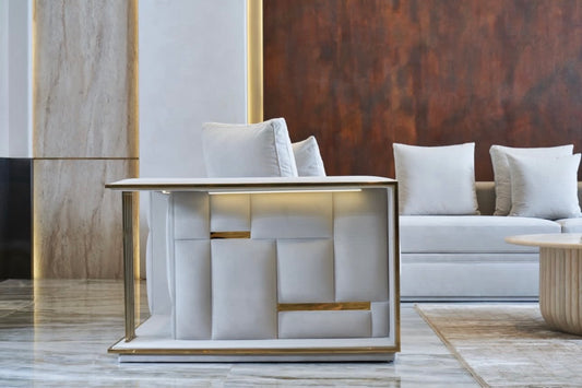 Rhythm luxury furniture collection featuring modular sofa, black dining table, gold detailed sideboard, and geometric modern design.