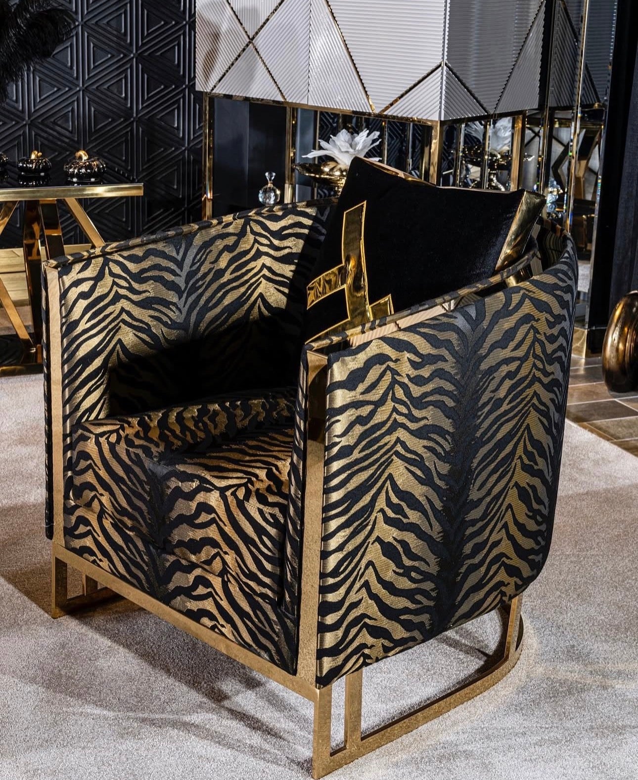 Rhythm luxury furniture collection featuring modular sofa, black dining table, gold detailed sideboard, and geometric modern design.