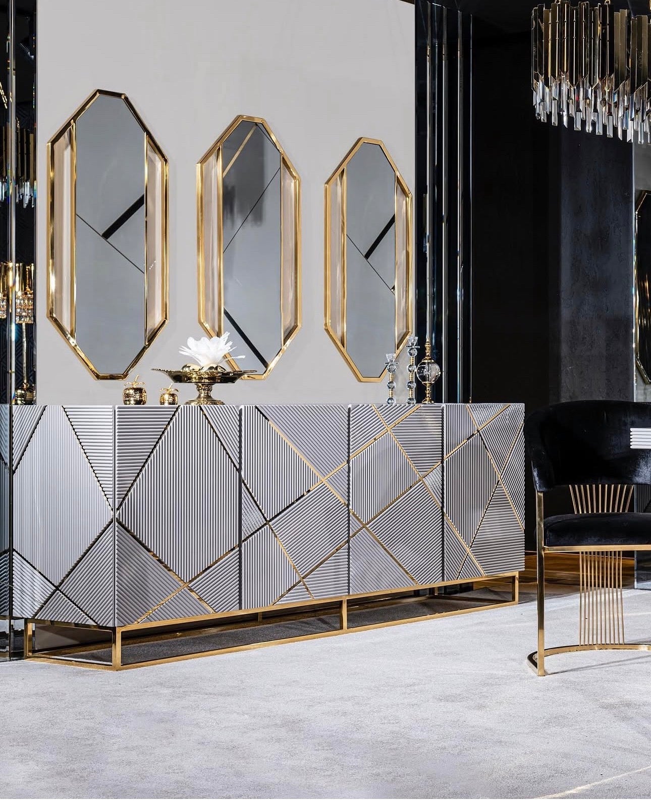 Rhythm luxury furniture collection featuring modular sofa, black dining table, gold detailed sideboard, and geometric modern design.