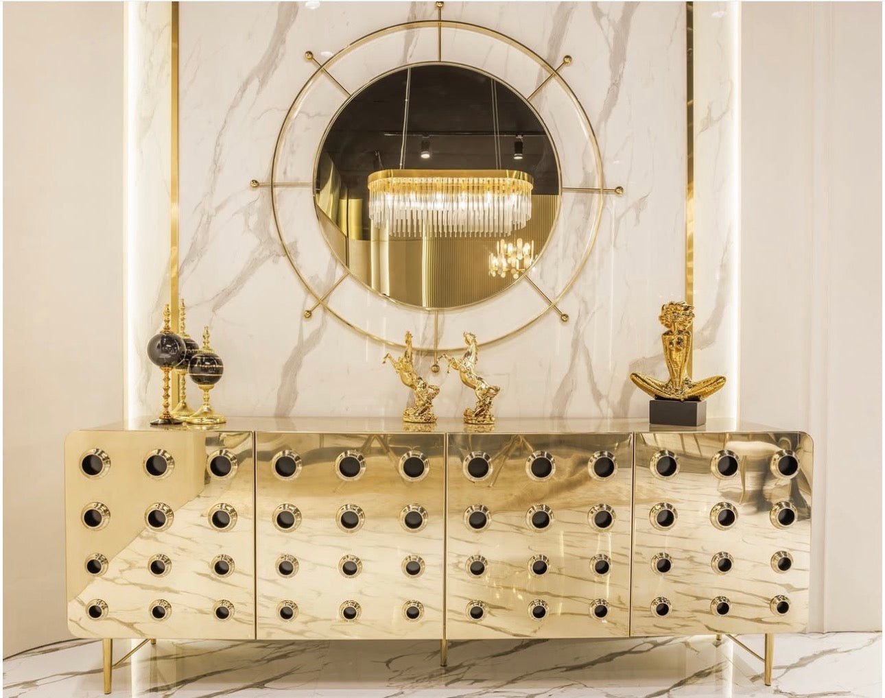 Ivory luxury furniture collection with gold sideboard, marble walls, white seating, and modern high-end living and dining design.