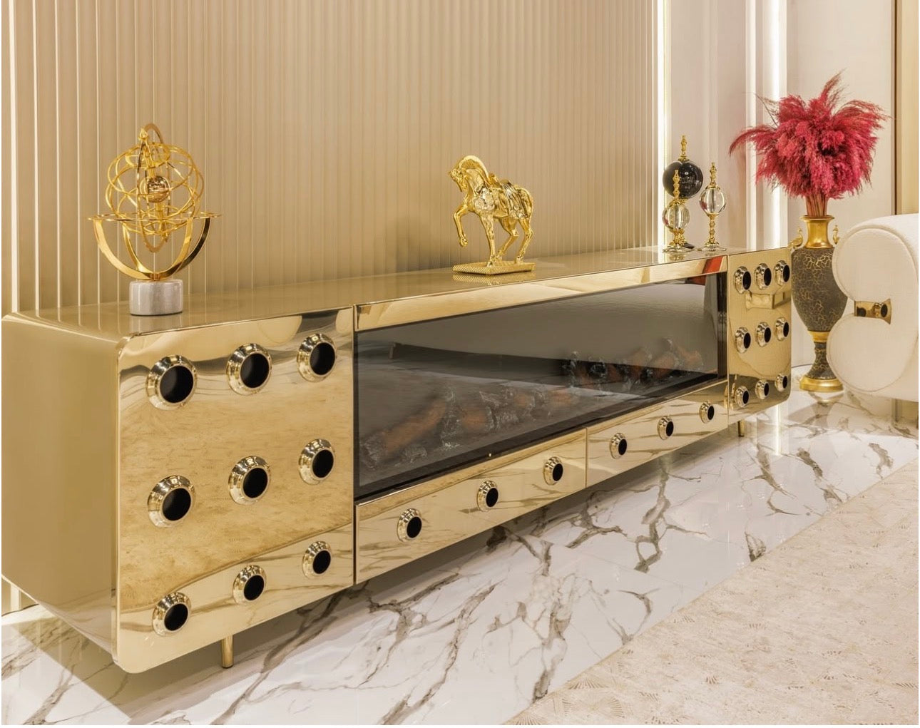 Ivory luxury furniture collection with gold sideboard, marble walls, white seating, and modern high-end living and dining design.