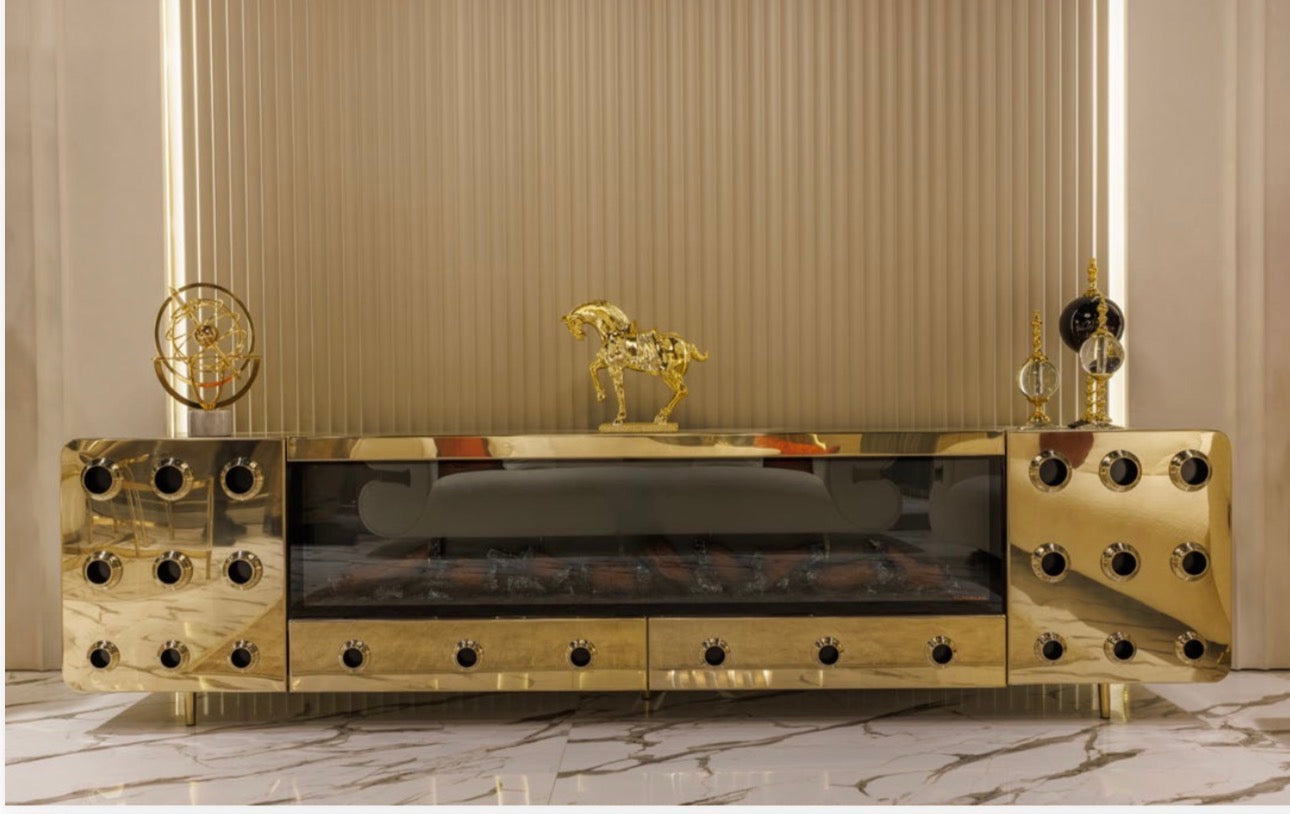 Ivory luxury furniture collection with gold sideboard, marble walls, white seating, and modern high-end living and dining design.