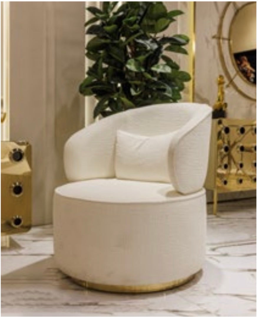 Ivory luxury furniture collection with gold sideboard, marble walls, white seating, and modern high-end living and dining design.