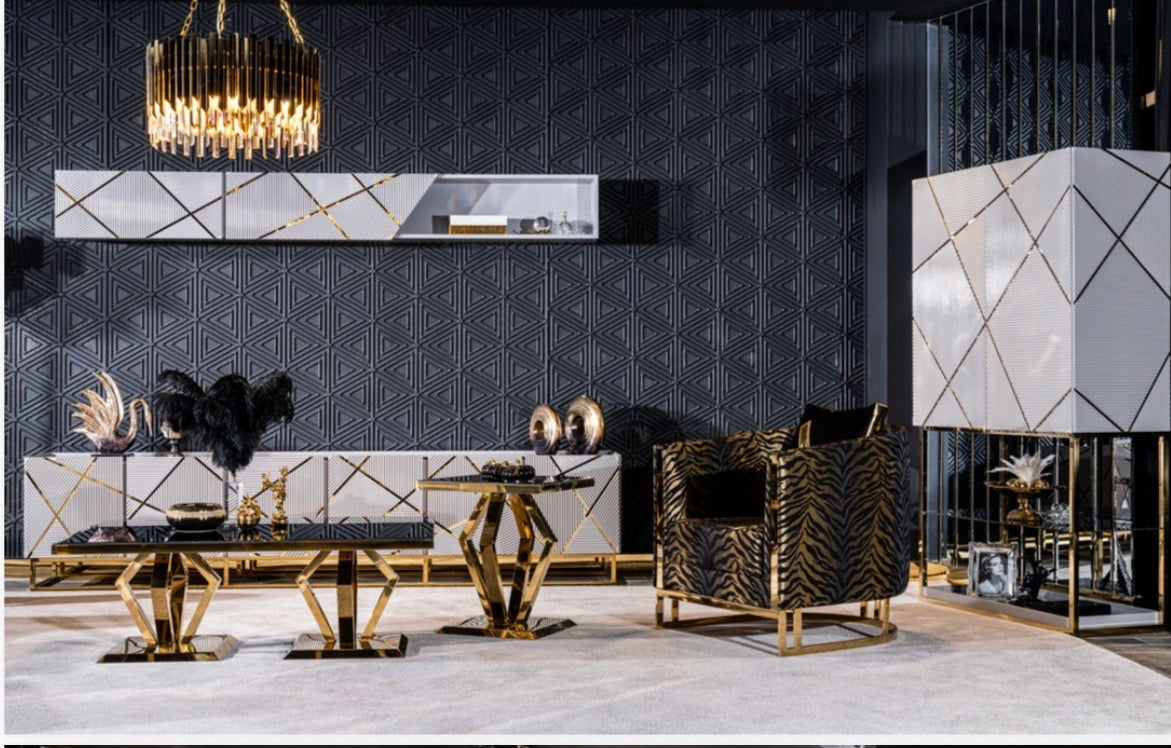 Rhythm luxury furniture collection featuring modular sofa, black dining table, gold detailed sideboard, and geometric modern design.