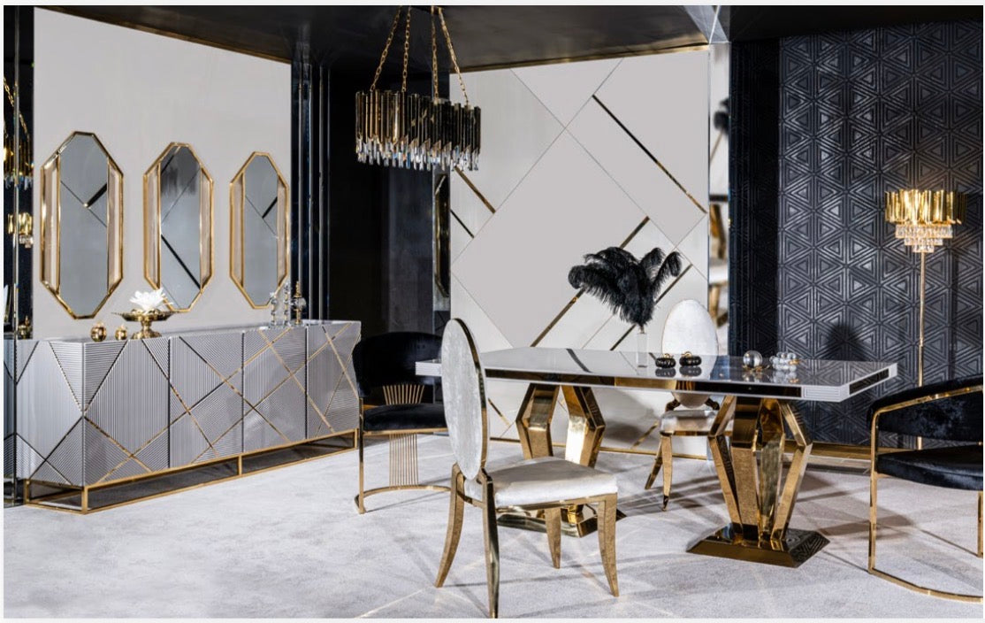 Rhythm luxury furniture collection featuring modular sofa, black dining table, gold detailed sideboard, and geometric modern design.