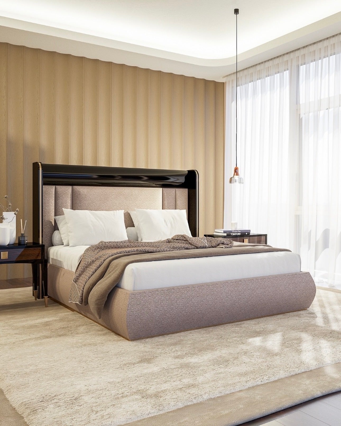 Smoke modern luxury furniture collection featuring neutral upholstery with dark accents in a contemporary interior setting.