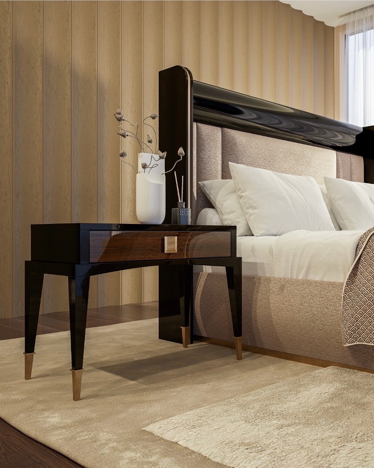 Smoke modern luxury furniture collection featuring neutral upholstery with dark accents in a contemporary interior setting.