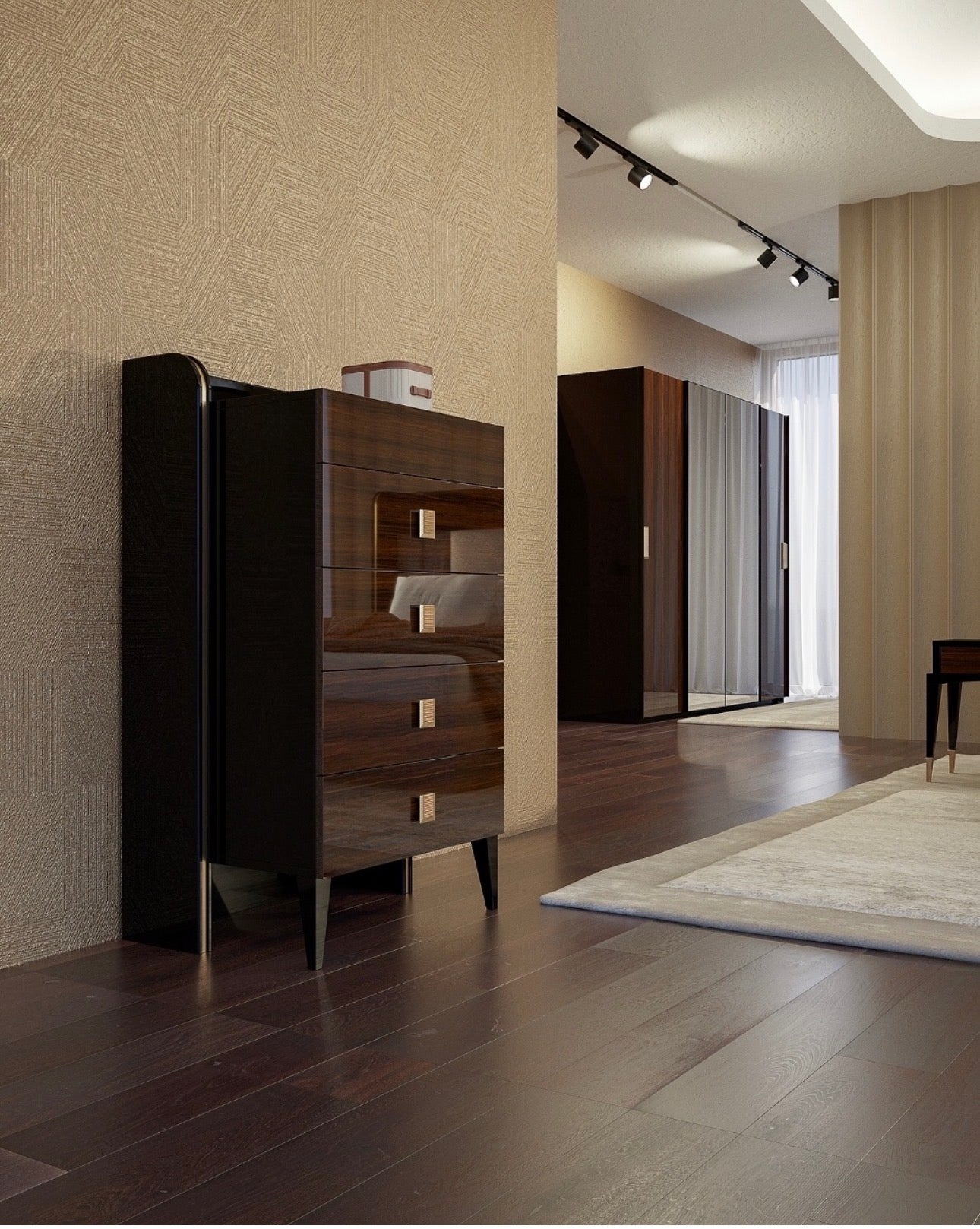 Smoke modern luxury furniture collection featuring neutral upholstery with dark accents in a contemporary interior setting.