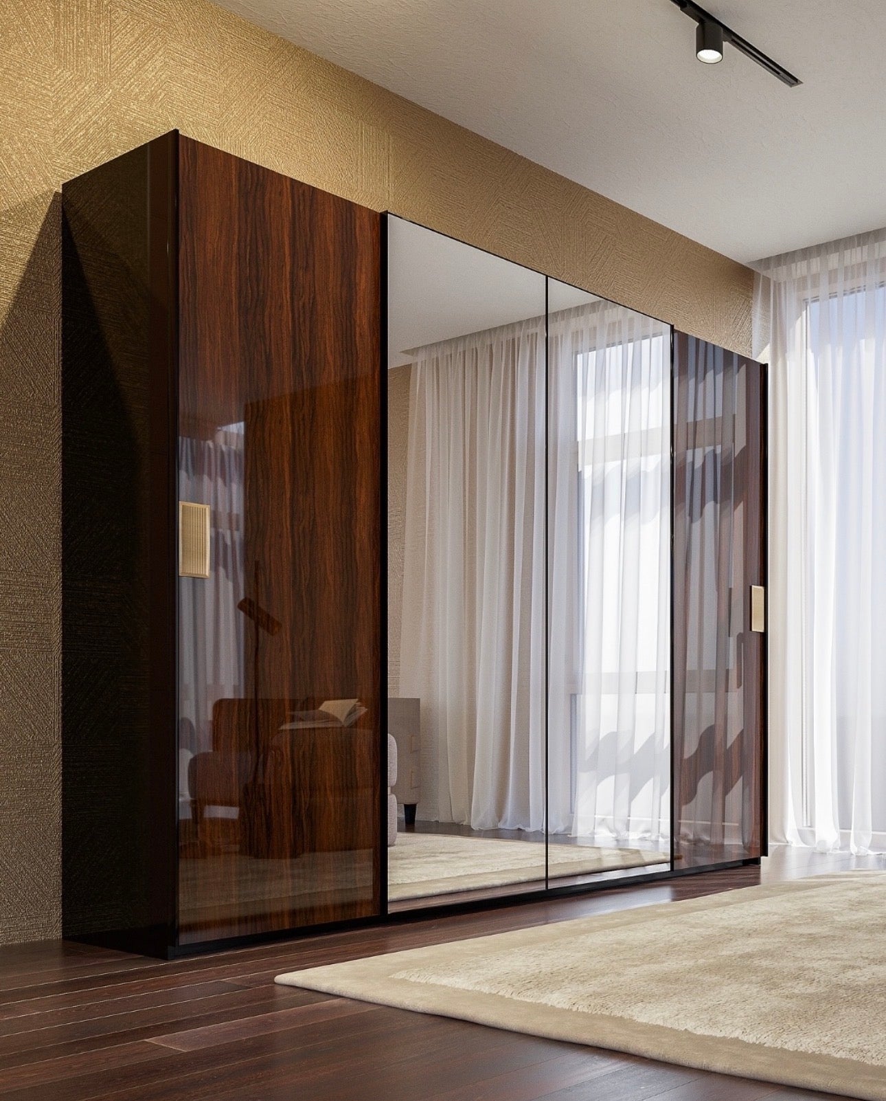 Smoke modern luxury furniture collection featuring neutral upholstery with dark accents in a contemporary interior setting.