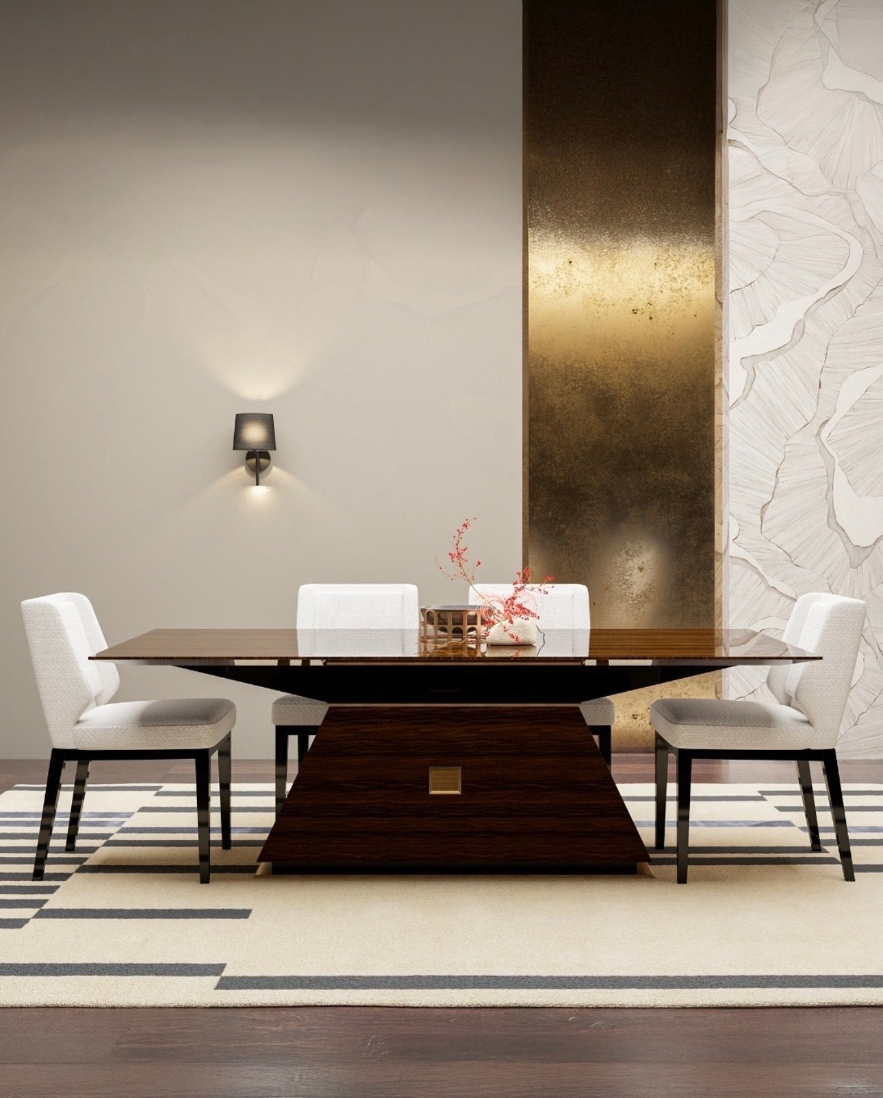 Smoke modern luxury furniture collection featuring neutral upholstery with dark accents in a contemporary interior setting.